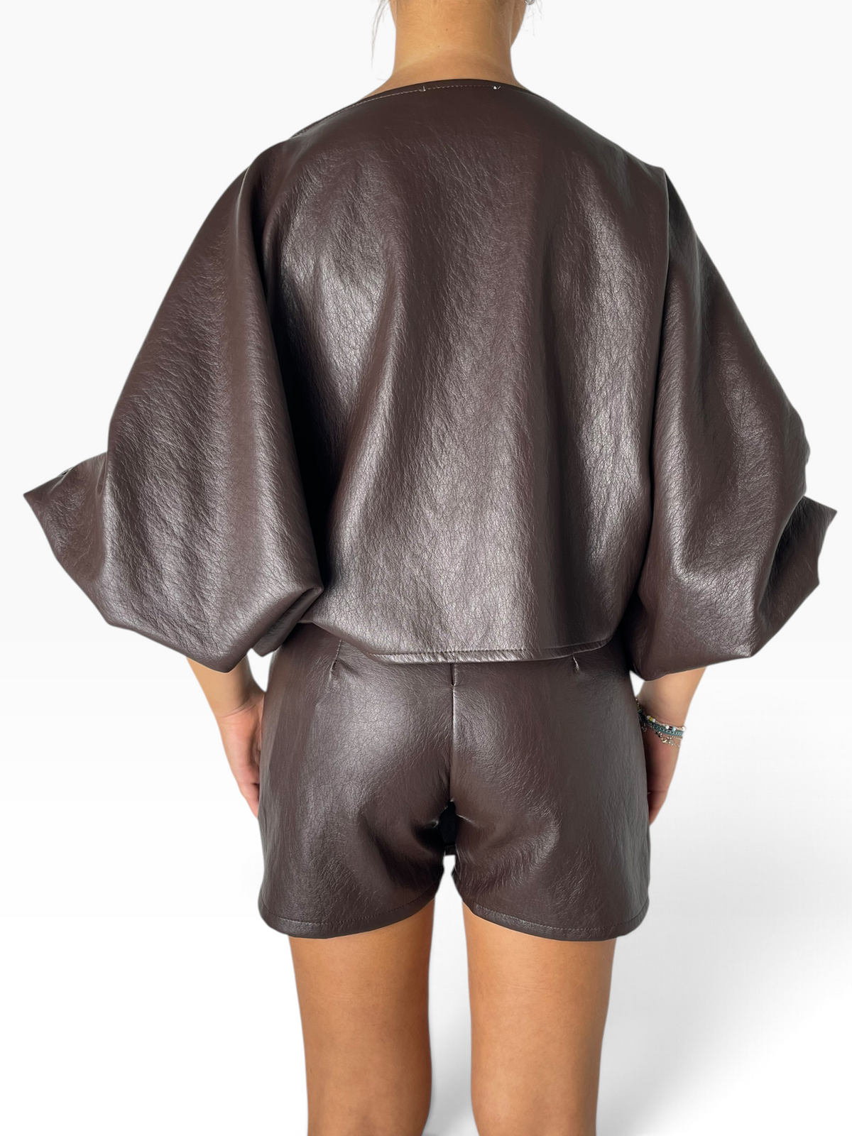 Blusa cropped eco-pelle maniche palloncino Donna  -  28126CI