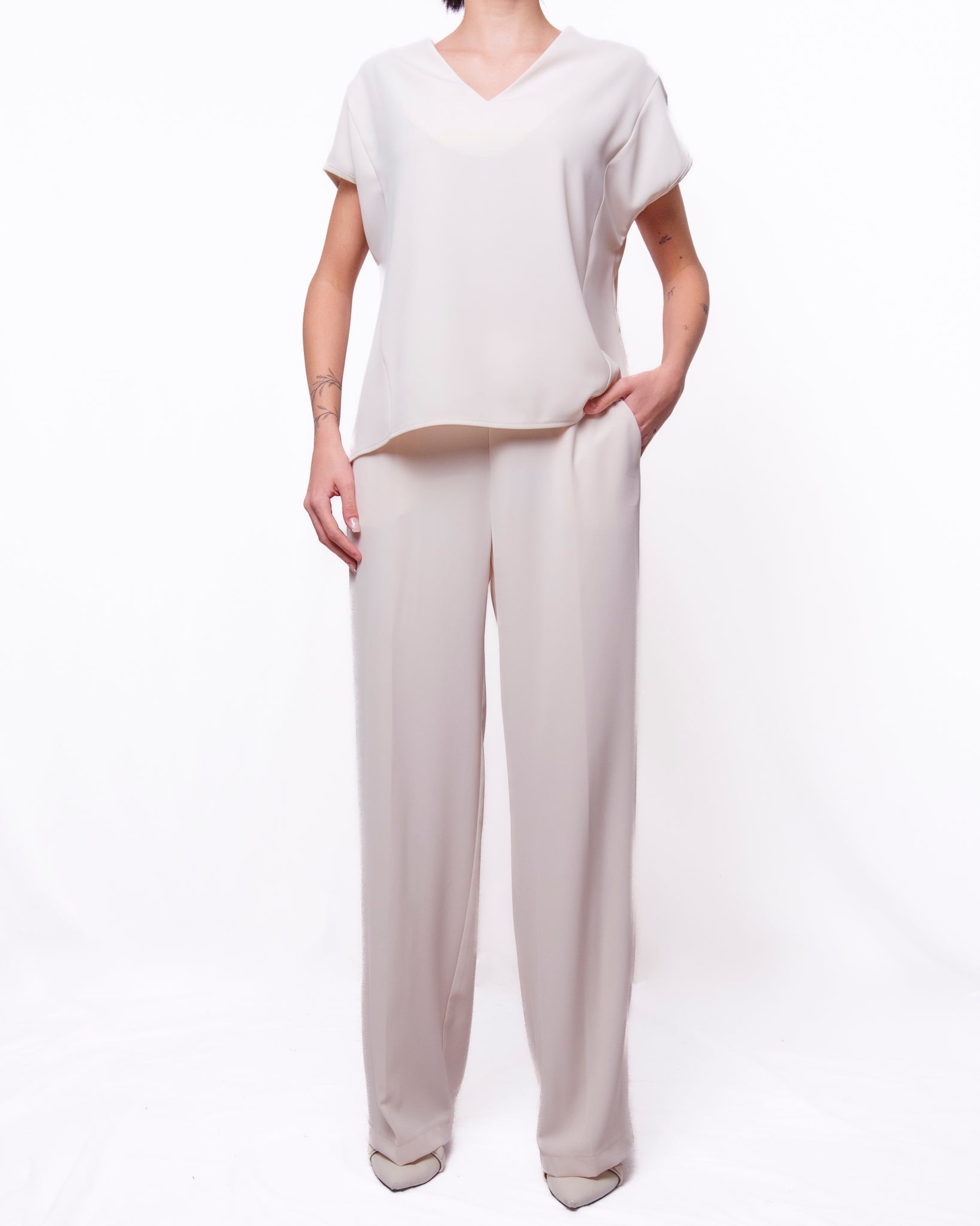 Completo Coordinato Top Manica Corta e Pantalone Wide Leg Donna  -  30621