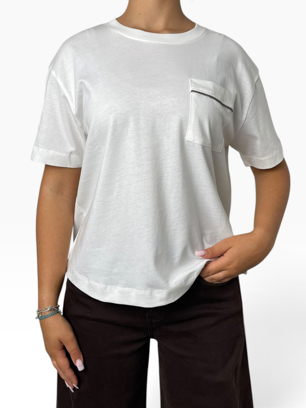 T-shirt morbida con taschino gioiello Donna  -  MW2610009