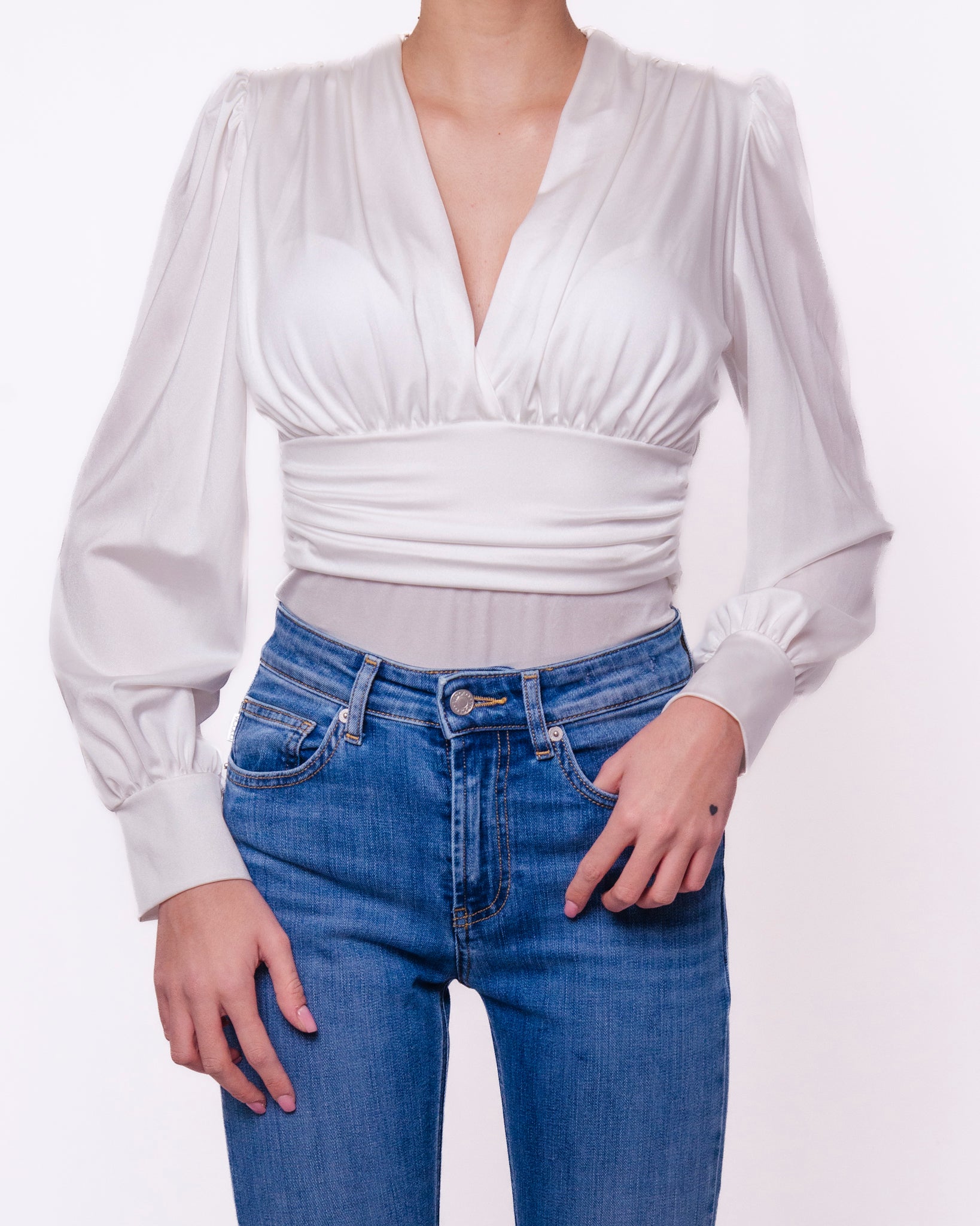 Body Scollo V con Maniche a Sbuffo e Fascia in Vita Donna  -  5117BO