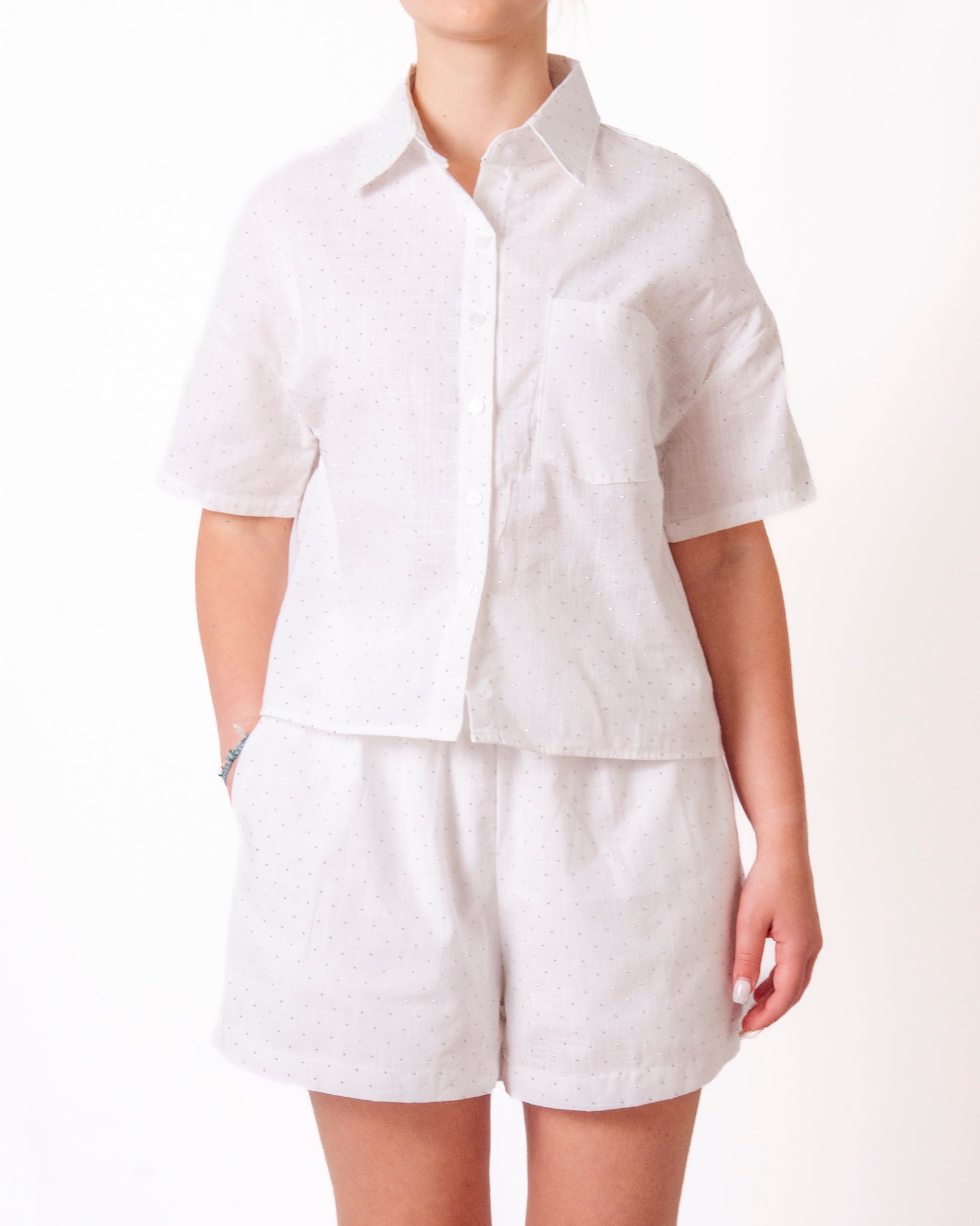 Coordinato camicia e shorts in tessuto glitter puntinato Donna  -  12535YK