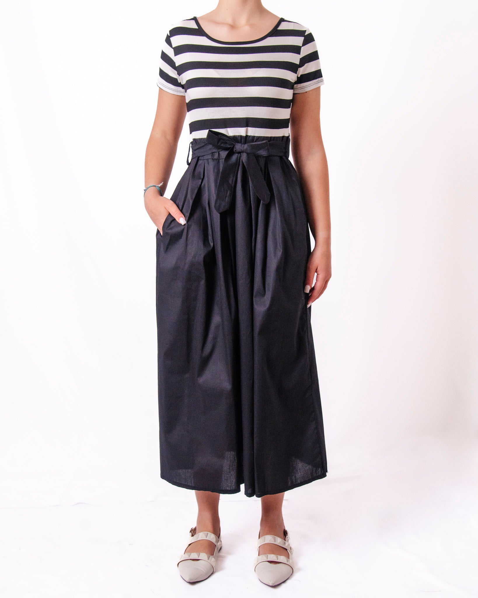 Abito midi a righe con gonna svasata e fiocco in vita Donna  -  8921X