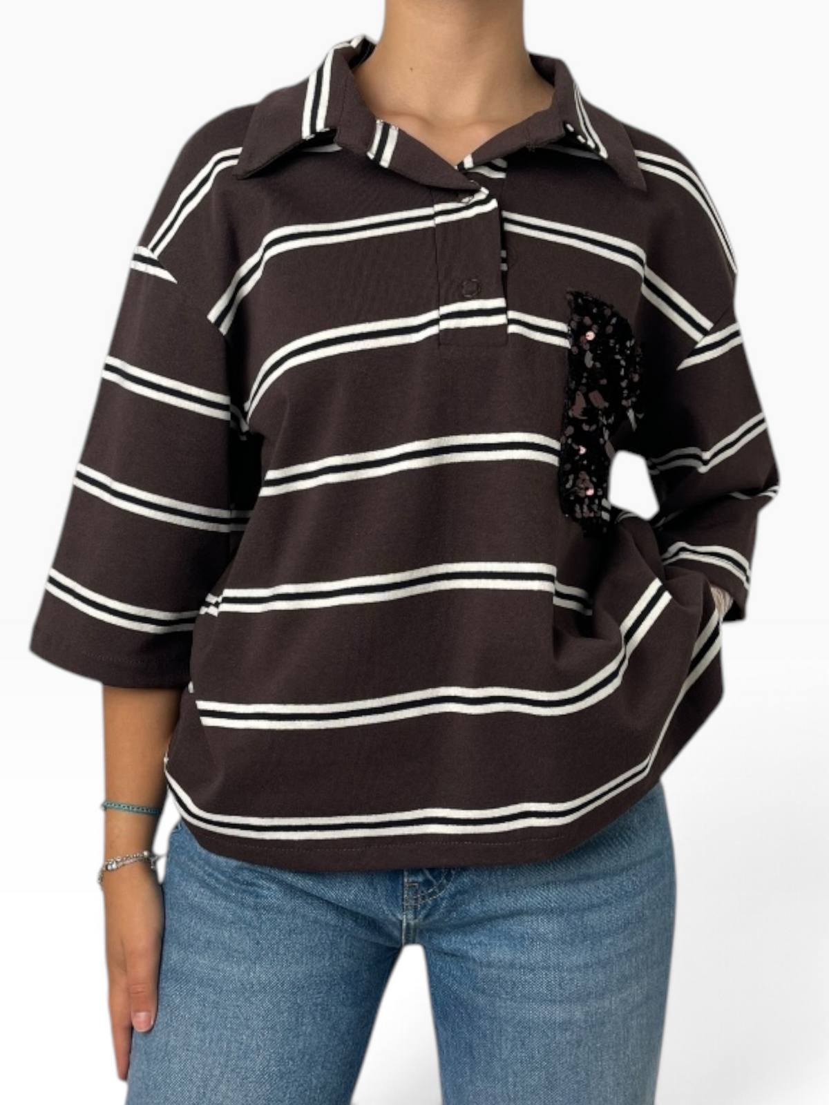 Polo oversize con taschino in paillettes Donna  -  I266107