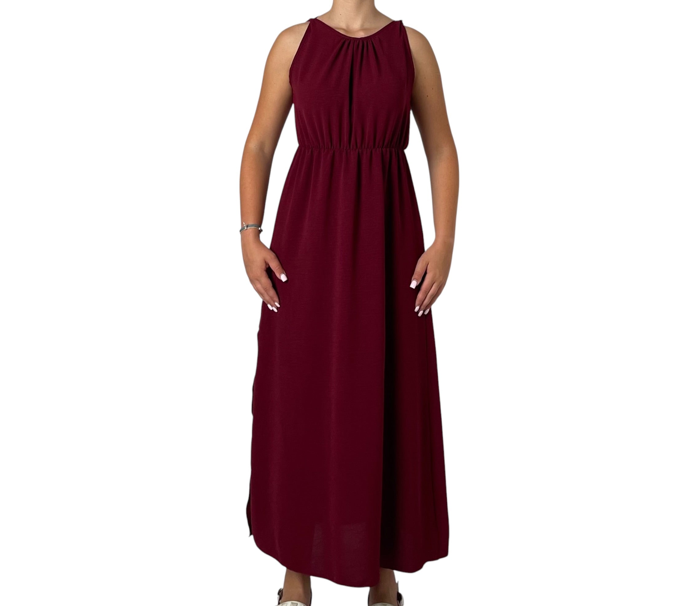 Abito Lungo Senza Maniche con Scollo Arricciato e Vita Elasticata Donna  -  17698X