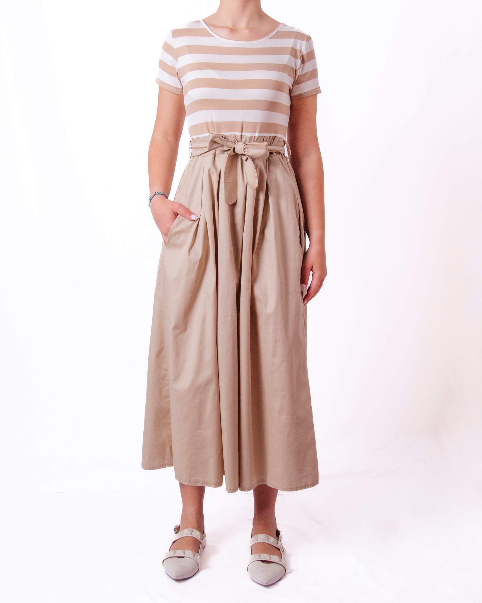 Abito midi a righe con gonna svasata e fiocco in vita Donna  -  8921X