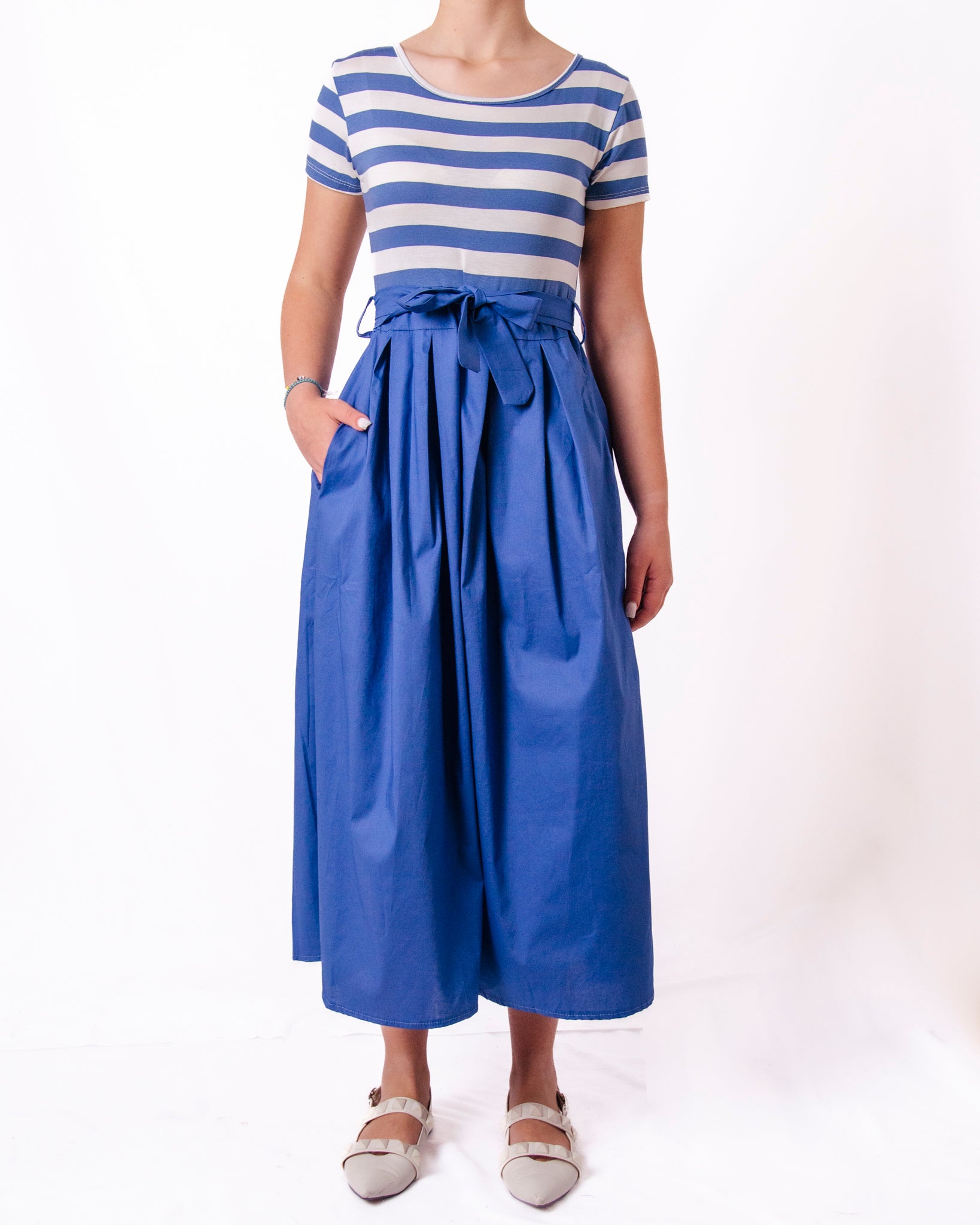 Abito midi a righe con gonna svasata e fiocco in vita Donna  -  8921X