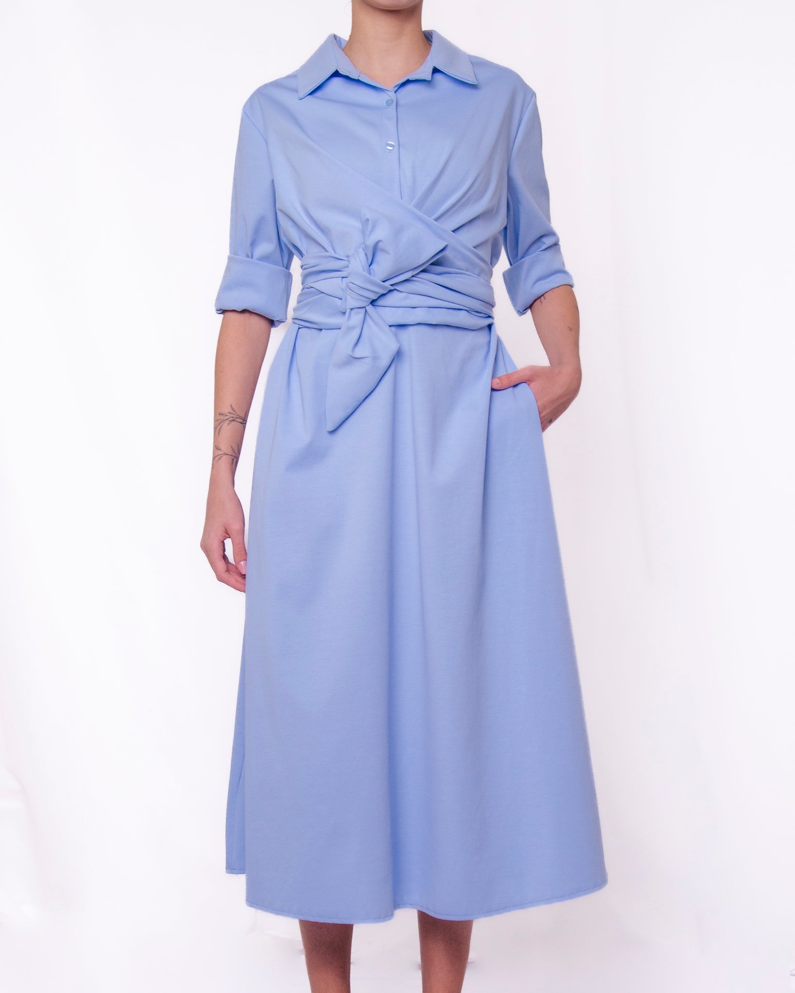 Abito midi a portafoglio colletto nodo in vita Donna  -  11003EC