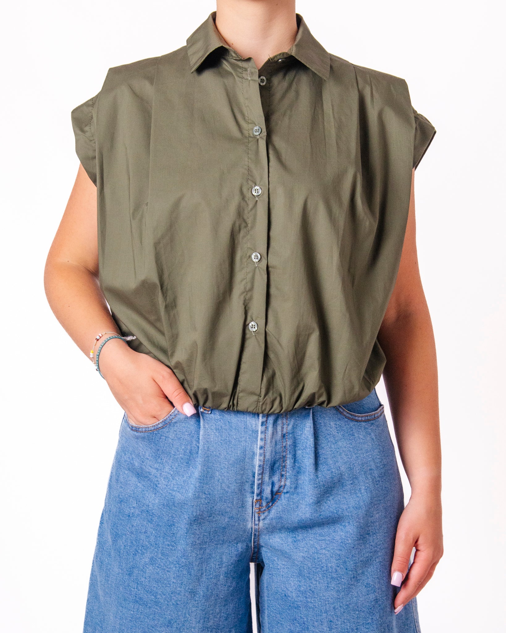 Camicia Smanicata Crop con Elastico Donna  -  66056X