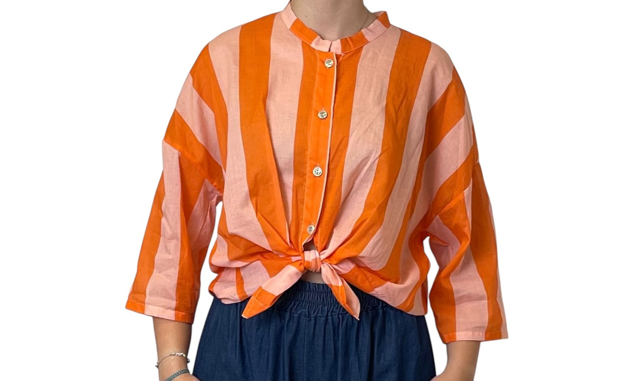 Camicia a Righe Coreana  Arancione e Rosa Donna  -  81107V