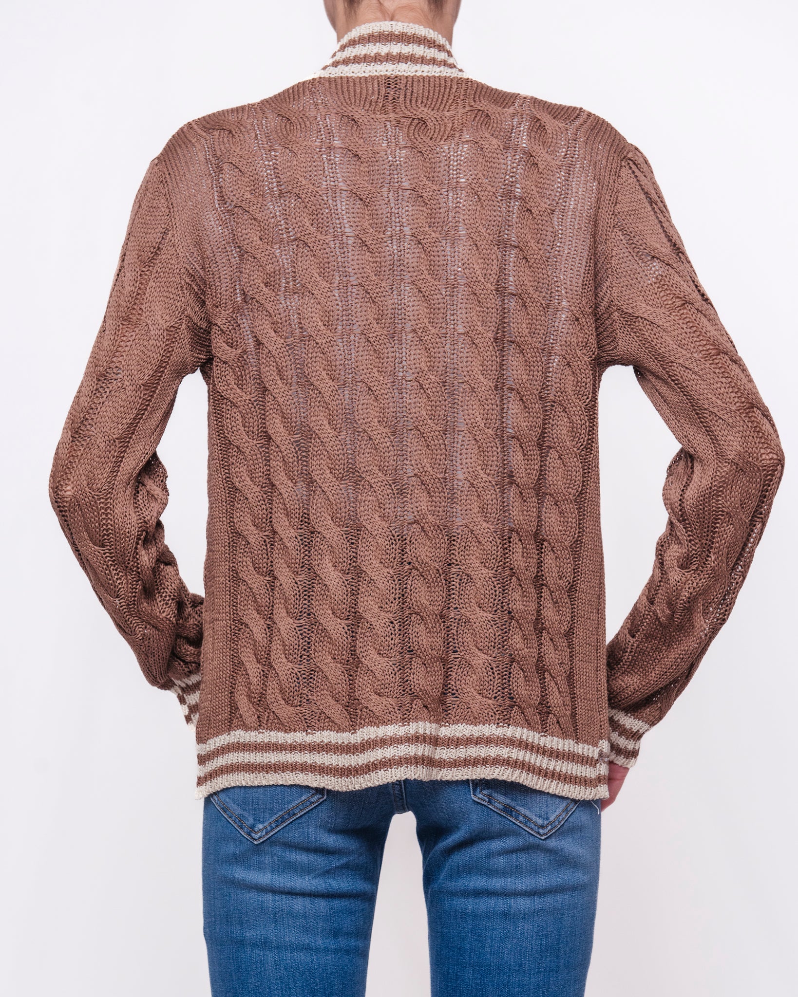 Cardigan aperto trecce bordi a righe a contrasto Donna  -  26219