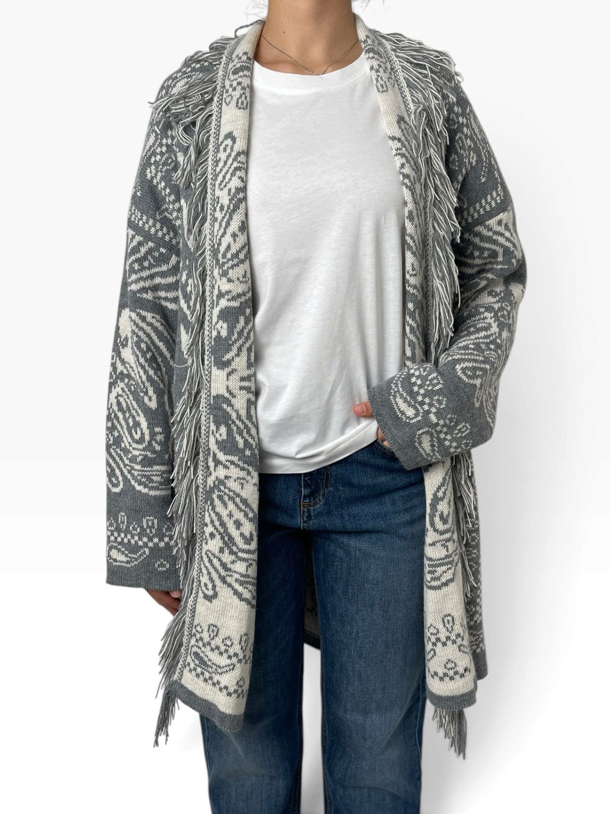 Cardigan lungo jacquard con frange Donna  -  70160X