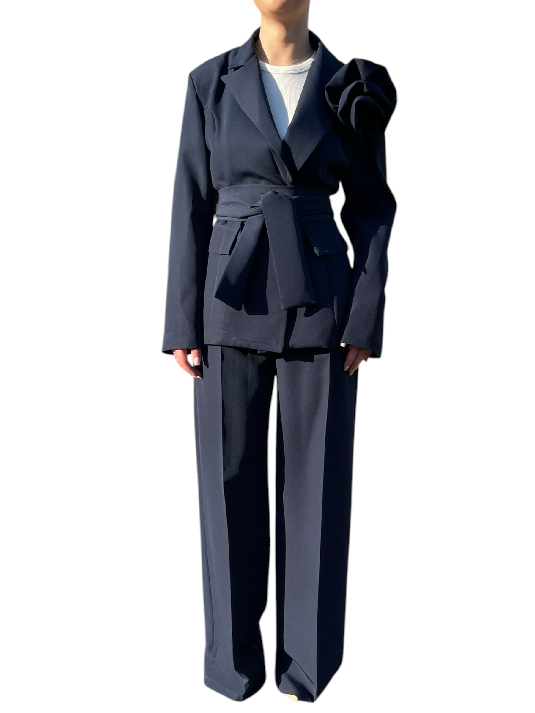 Completo blazer e pantalone wide leg con rosa applicata Donna  -  25119BO