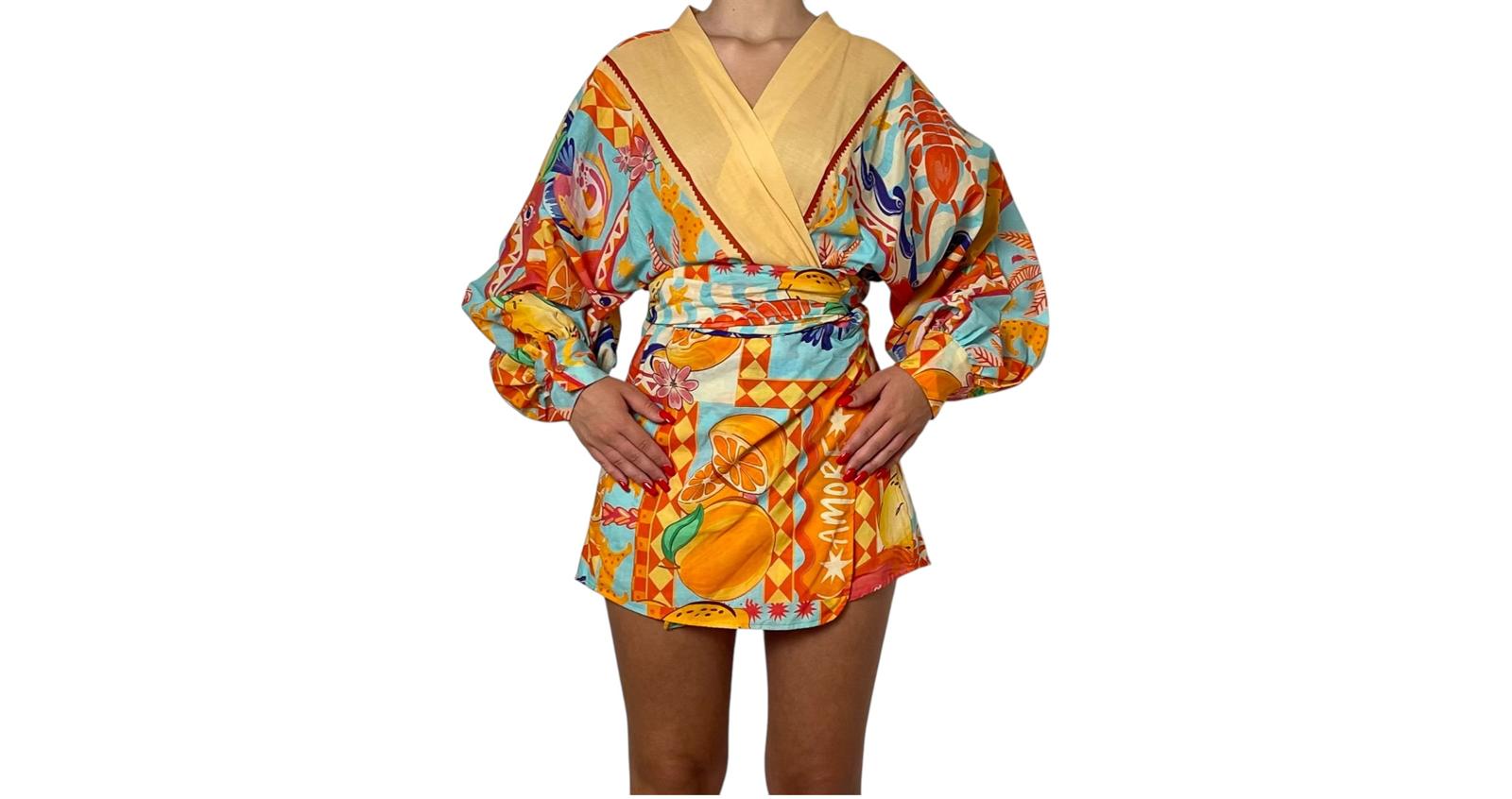 Abito Kimono Stampato con Cintura in Vita Donna  -  10897R