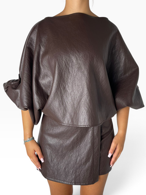 Blusa cropped eco-pelle maniche palloncino Donna  -  28126CI