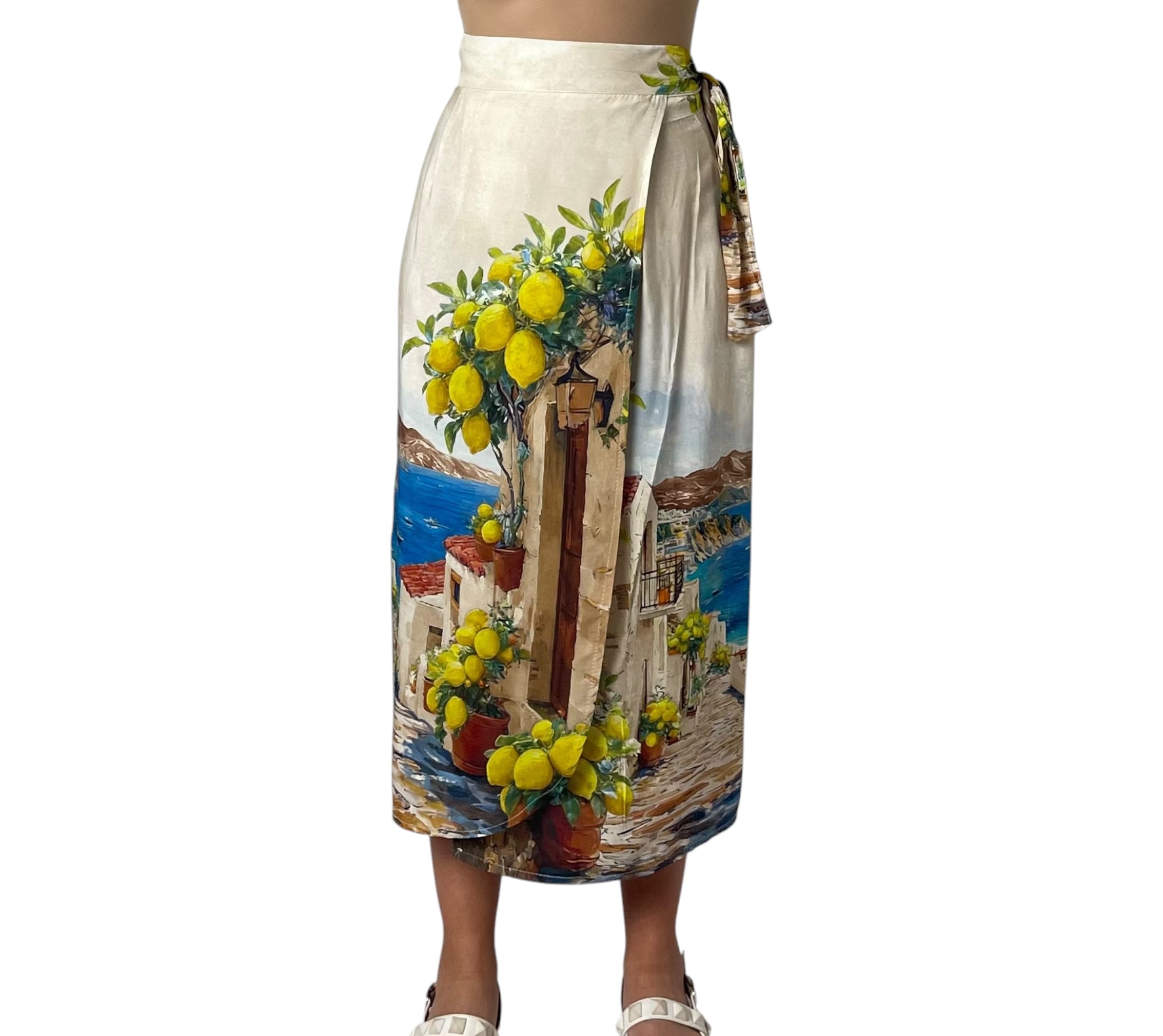 Gonna Midi a Pareo con Stampa Paesaggio di Limoni Donna  -  26272KA
