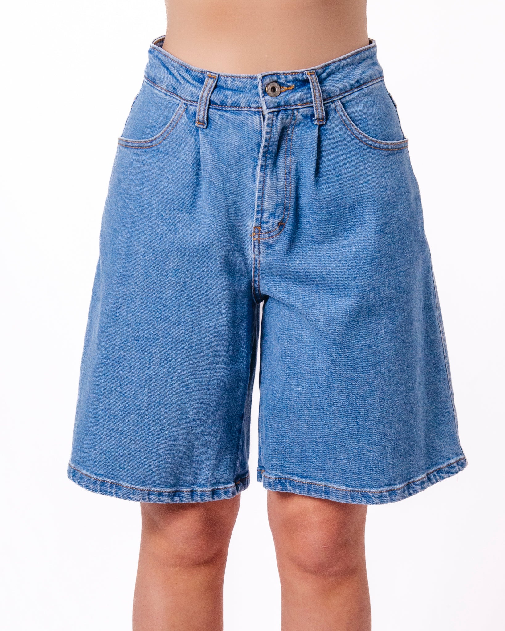 Shorts denim baggy vita alta lunghezza bermuda Donna  -  DK56KA