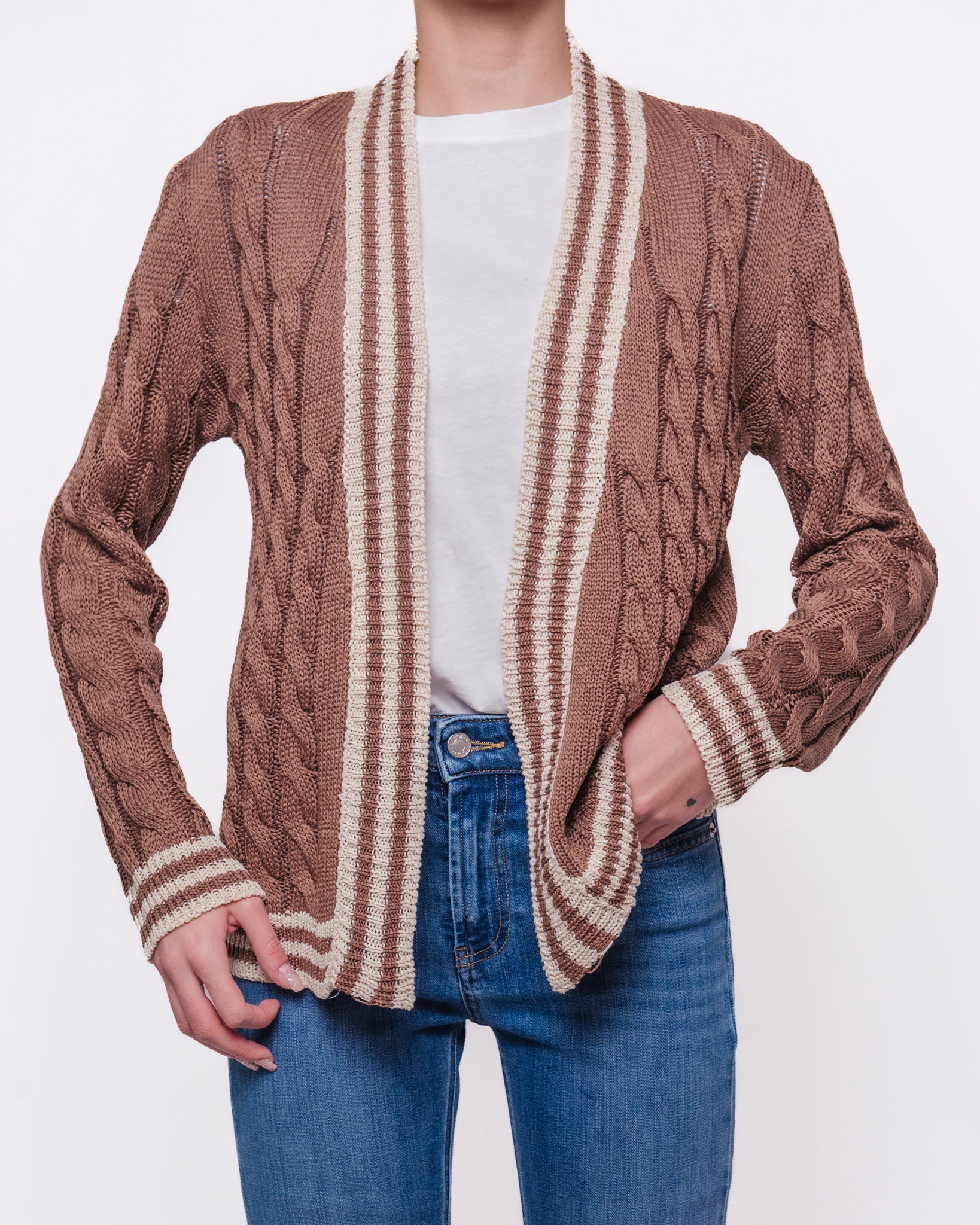 Cardigan aperto trecce bordi a righe a contrasto Donna  -  26219