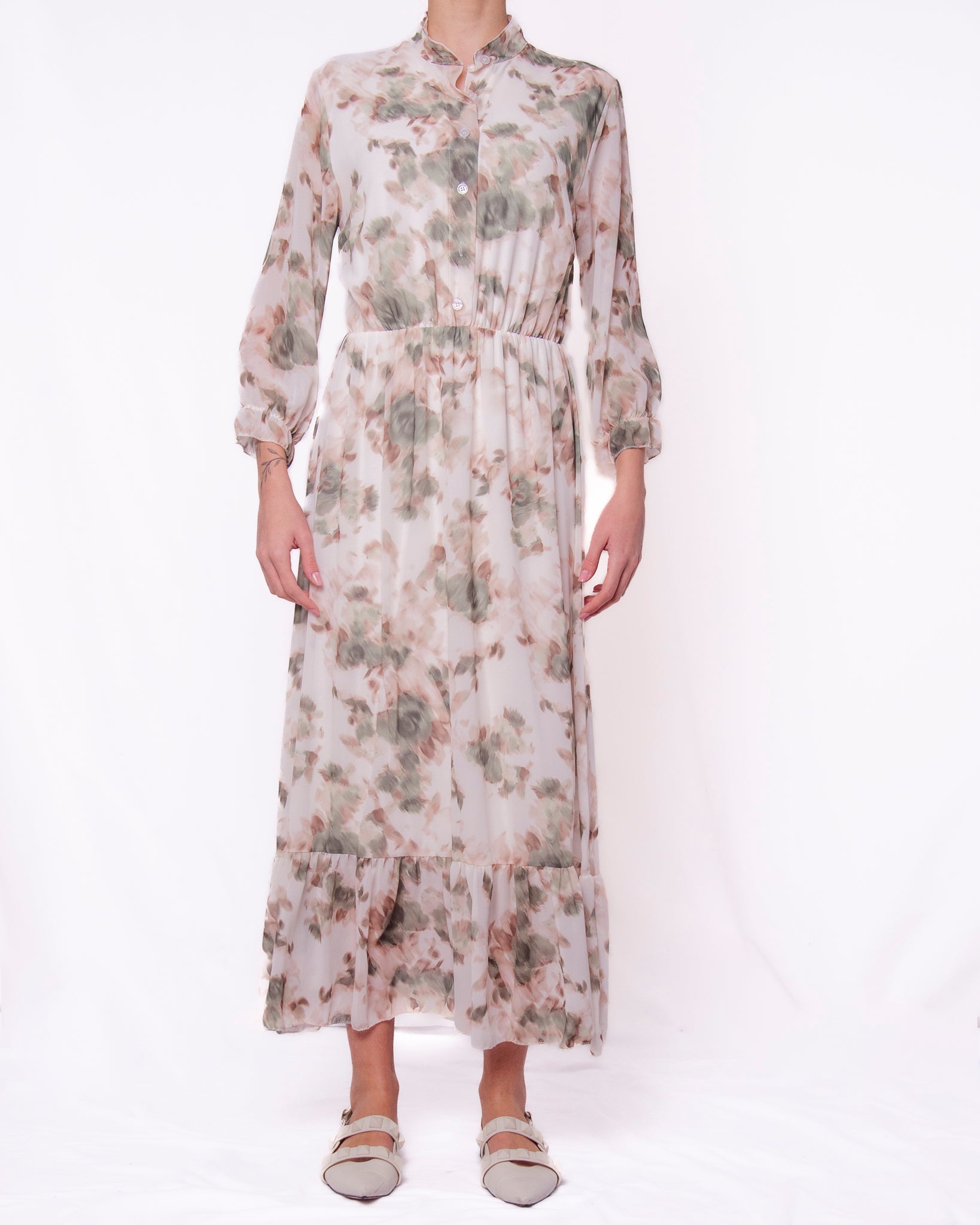 Abito lungo chiffon stampa floreale sfumata volant Donna  -  11111-128BO