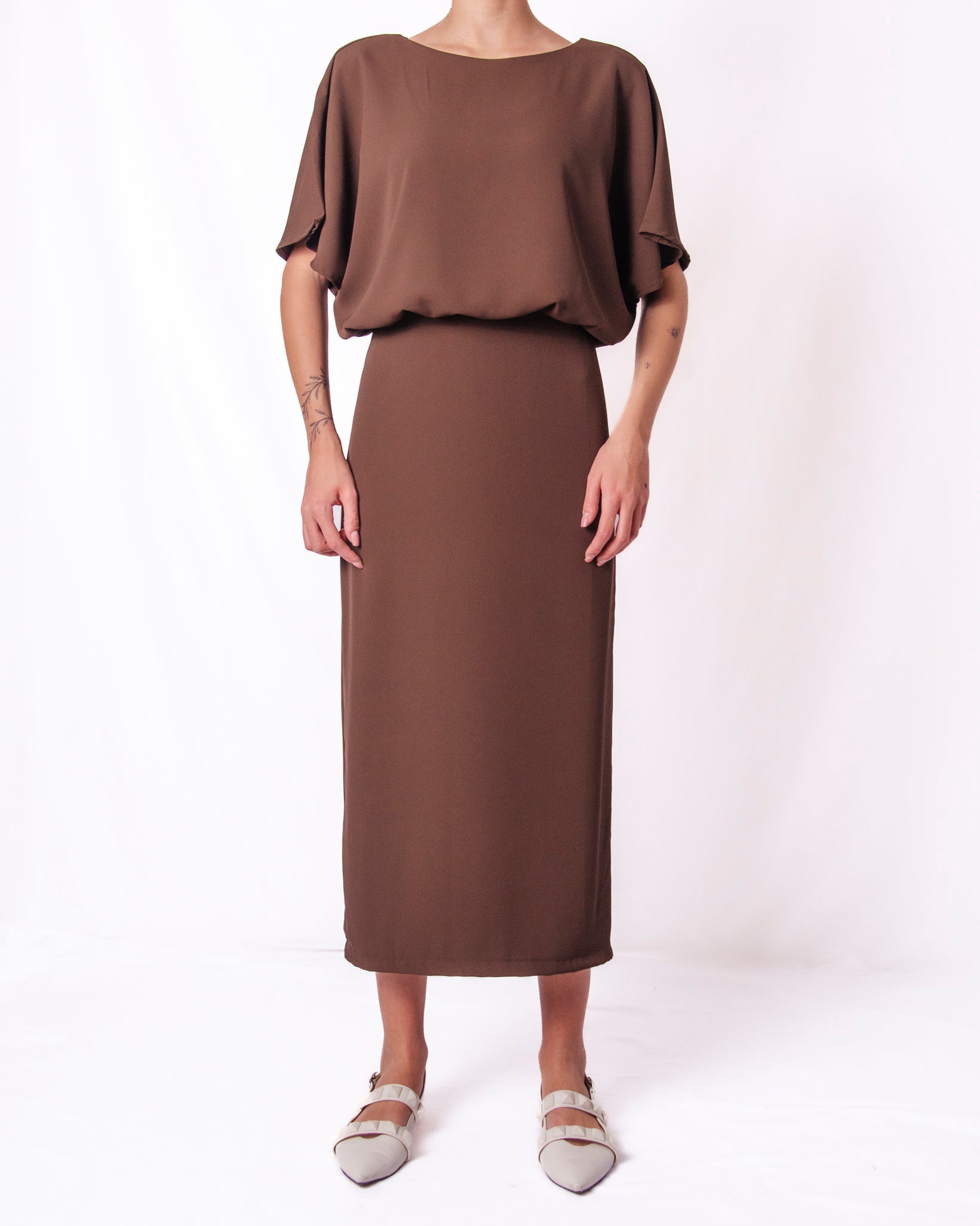 Abito midi scollo a V maniche a pipistrello nodo in vita Donna  -  26213KA