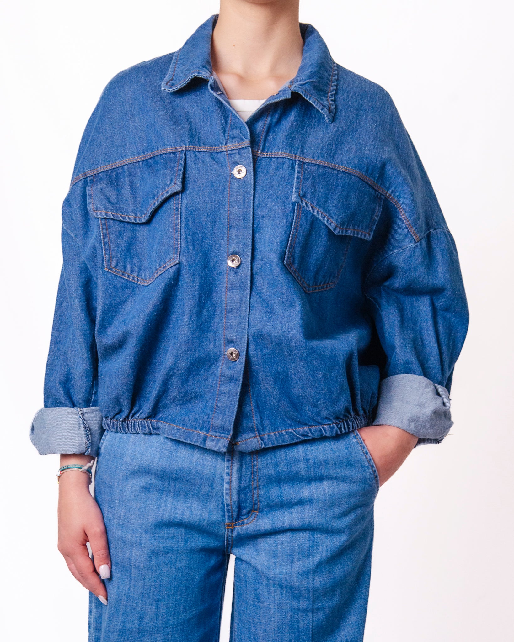 Giacca denim oversize fondo elastico tasche petto Donna  -  83032V