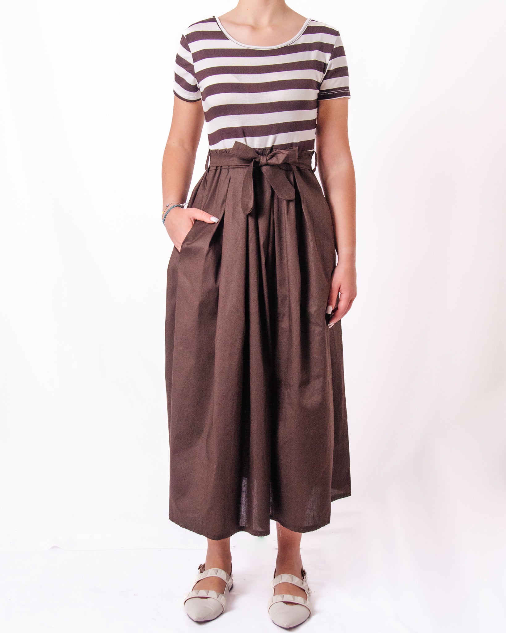 Abito midi a righe con gonna svasata e fiocco in vita Donna  -  8921X