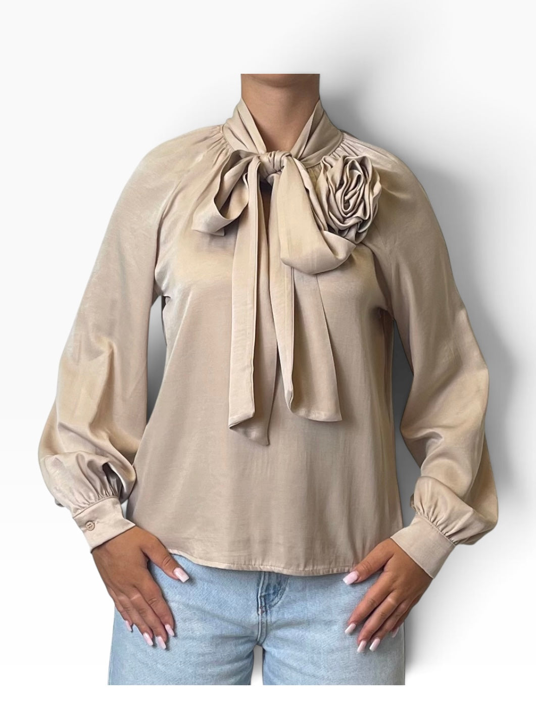 Camicia fiocco applicazione rosa satinata Donna  -  12859CI