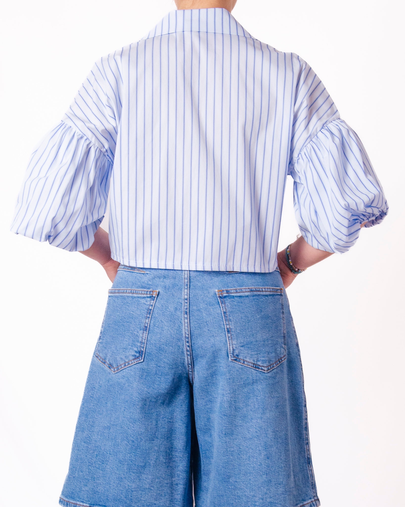 Camicia Crop a Righe Manica Balloon Donna  -  26121