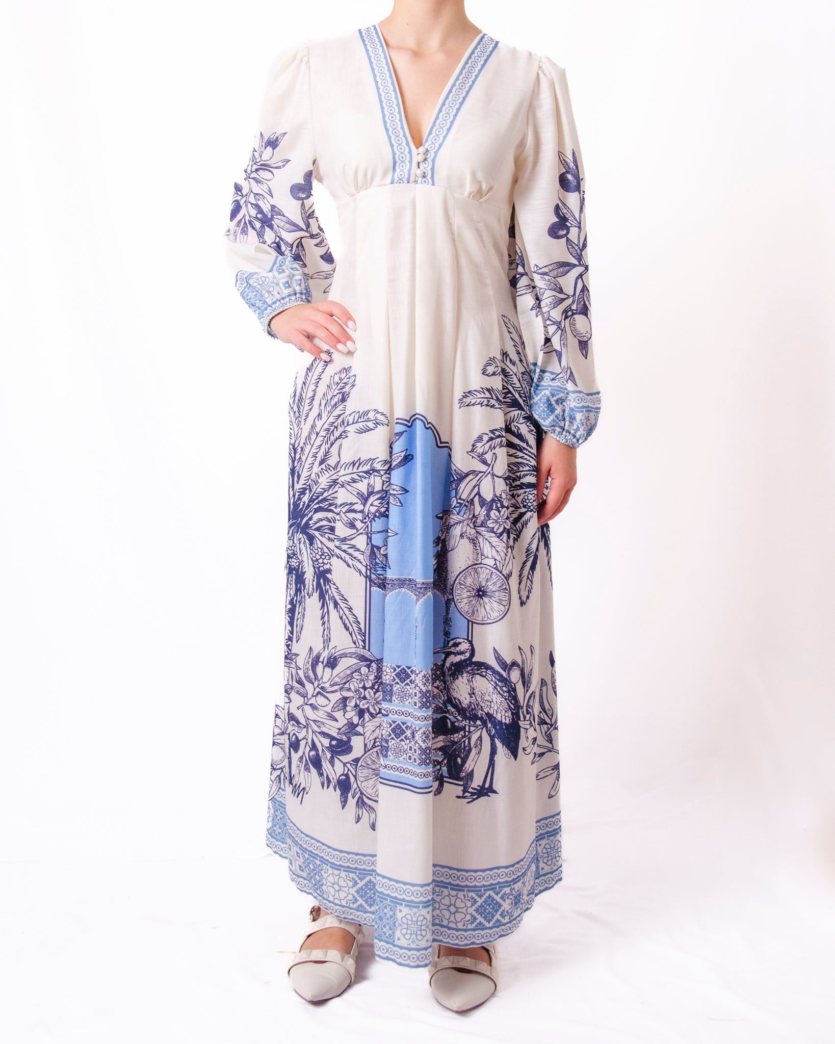 Abito Lungo con Stampa Toile de Jouy e Maniche a Palloncino Donna  -  26022