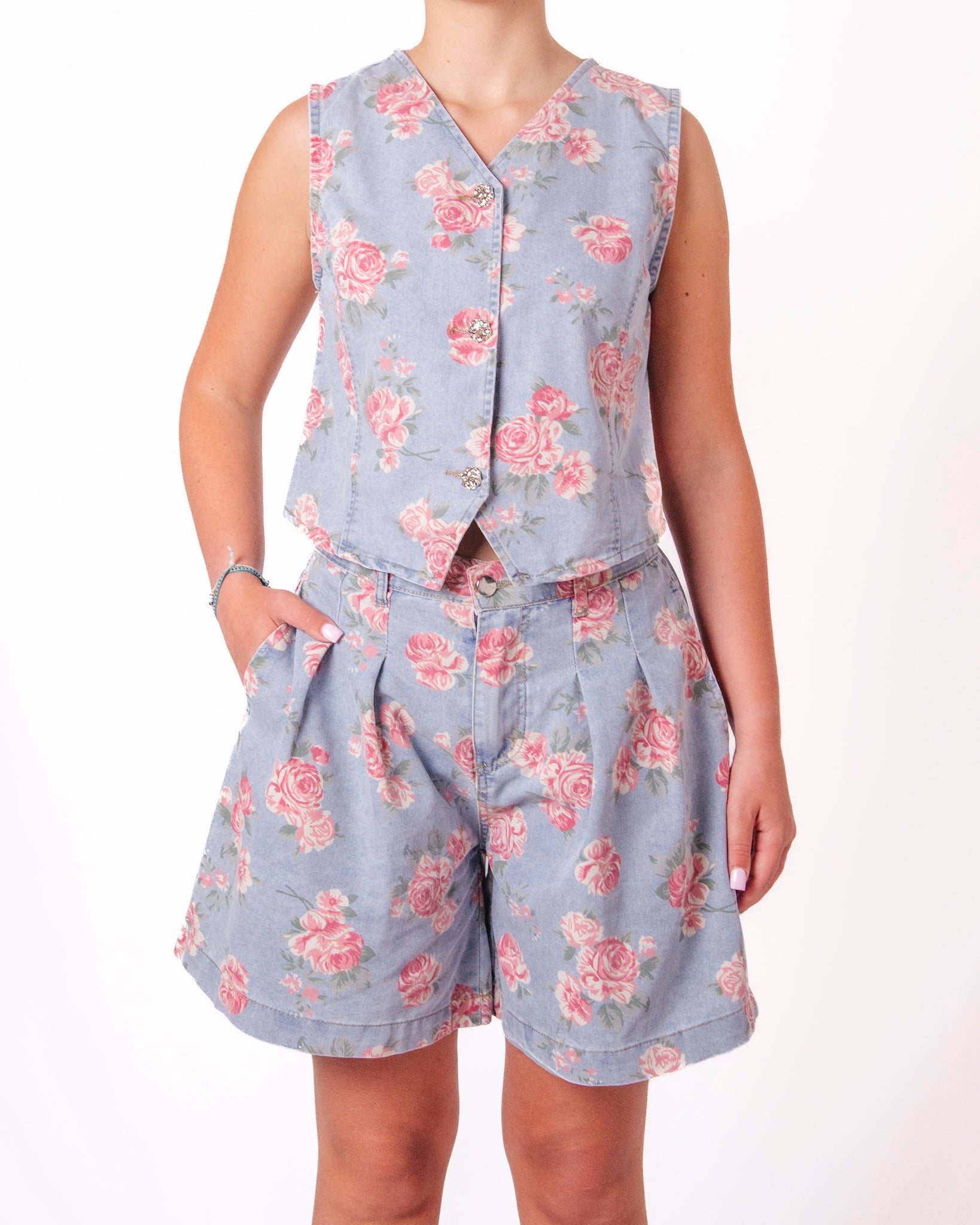Completo Denim Floreale Smanicato Donna  -  3095