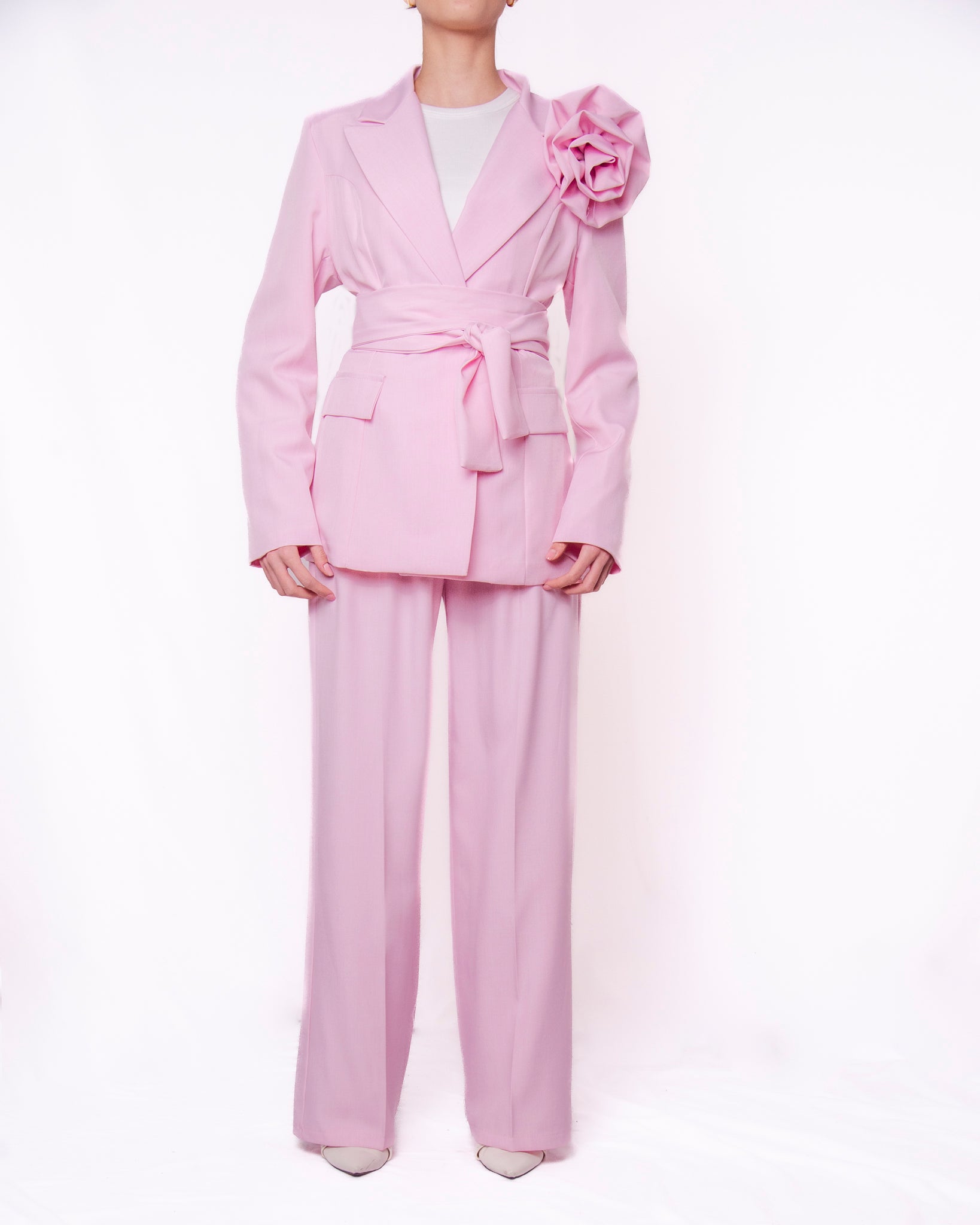 Completo blazer e pantalone wide leg con rosa applicata Donna  -  25119BO