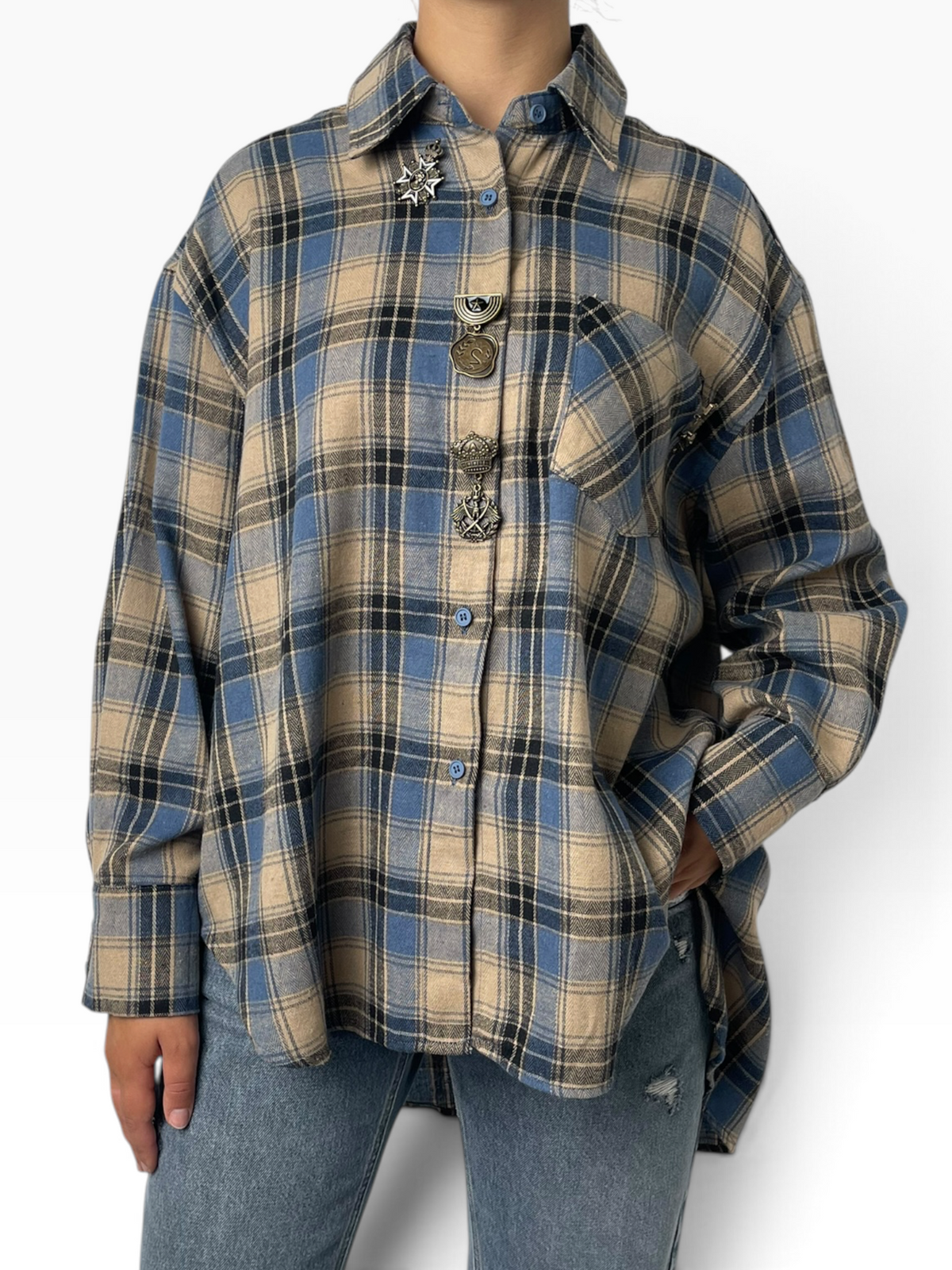 Camicia scozzese oversize con taschino Donna  -  76095X