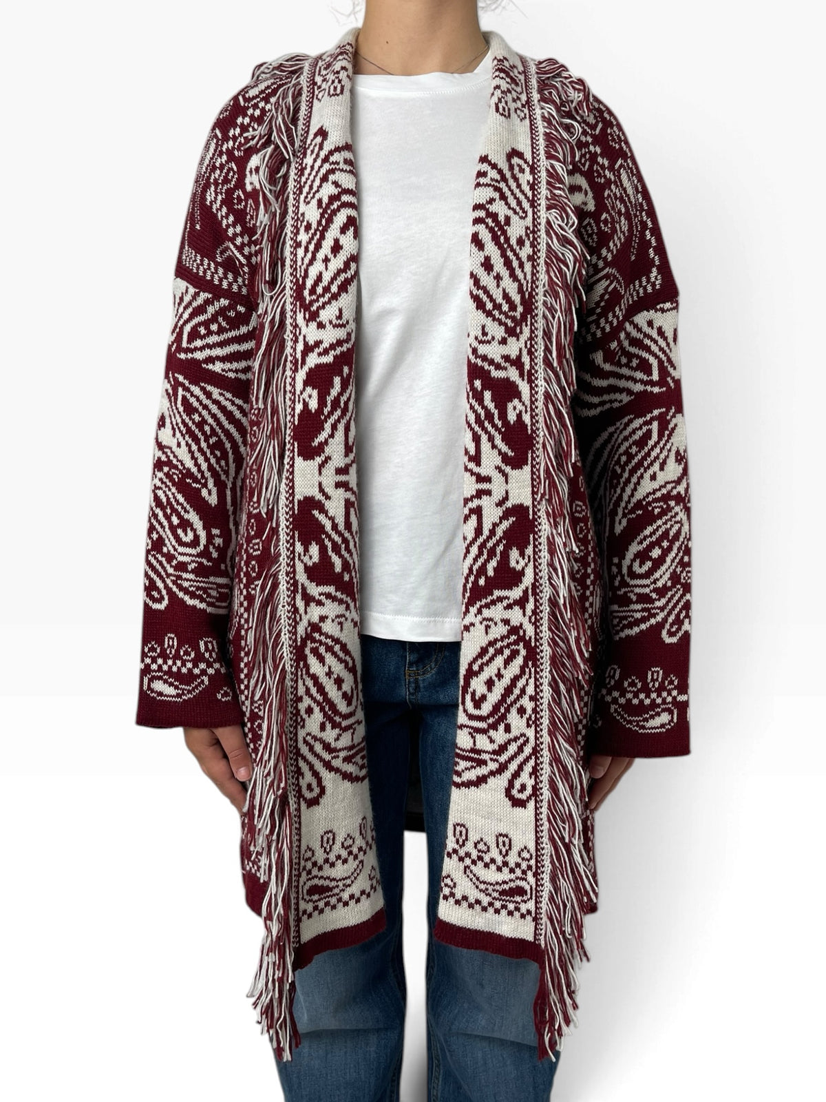 Cardigan lungo jacquard con frange Donna  -  70160X