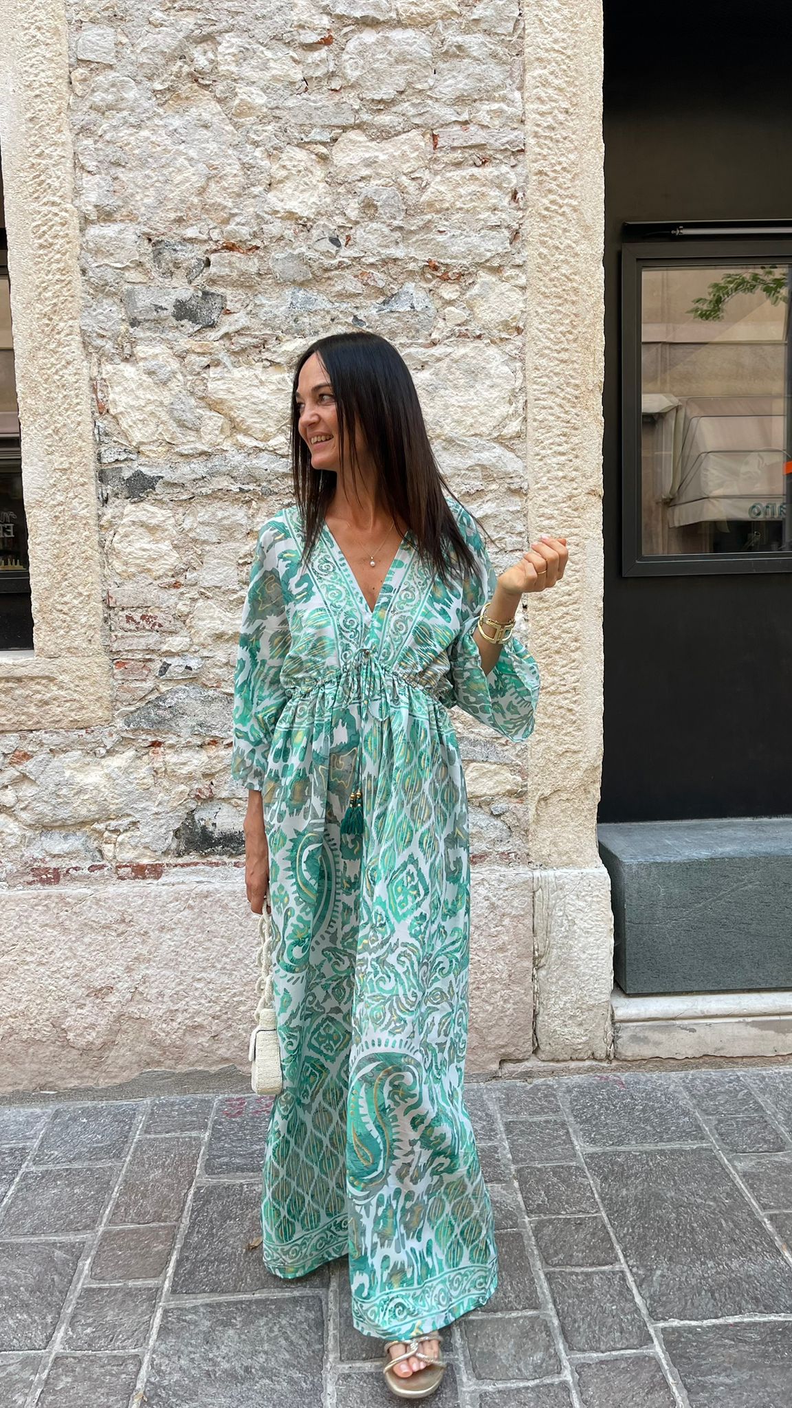 Abito Lungo con Stampa Etnica e Nappine Donna  -  26175UP