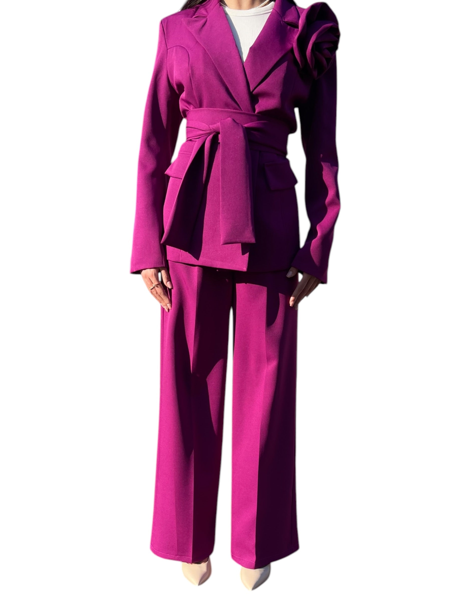 Completo blazer e pantalone wide leg con rosa applicata Donna  -  25119BO