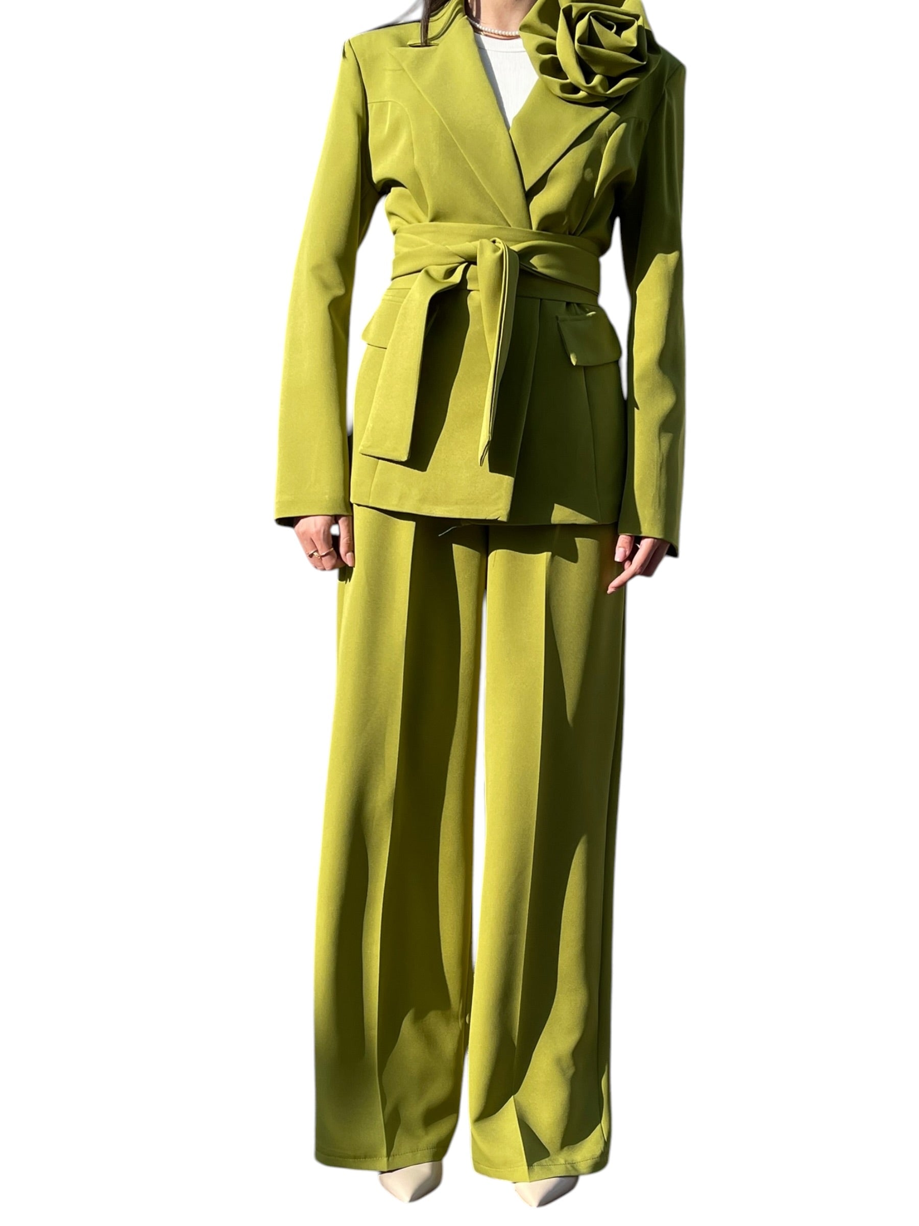 Completo blazer e pantalone wide leg con rosa applicata Donna  -  25119BO