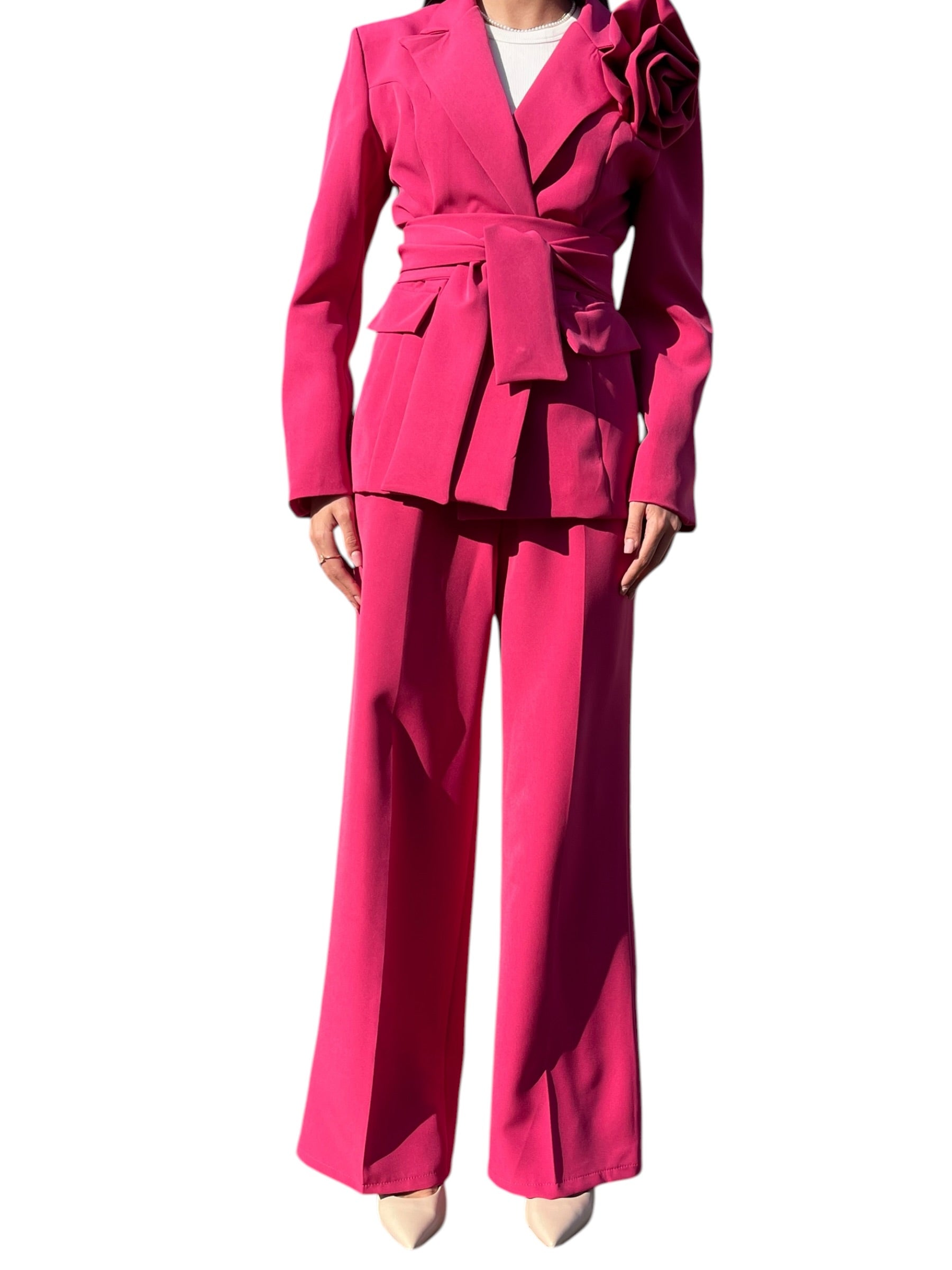 Completo blazer e pantalone wide leg con rosa applicata Donna  -  25119BO