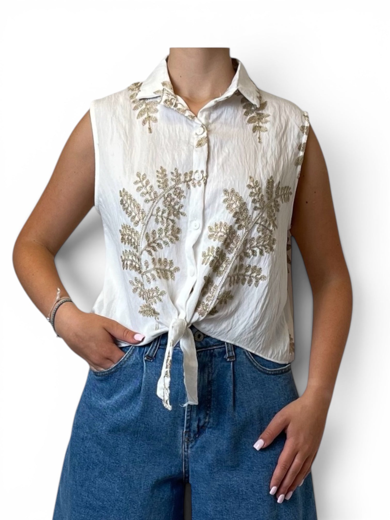 Blusa Bianca Ricamata Senza Maniche Donna  -  18128F