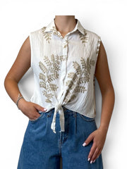 Blusa Bianca Ricamata Senza Maniche Donna  -  18128F