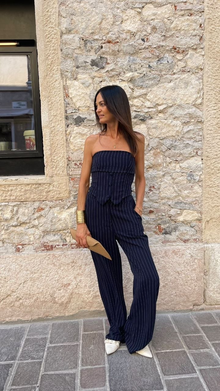 Completo a Righe con Top a Fascia e Pantalone a Palazzo Donna  -  47465/475226BO