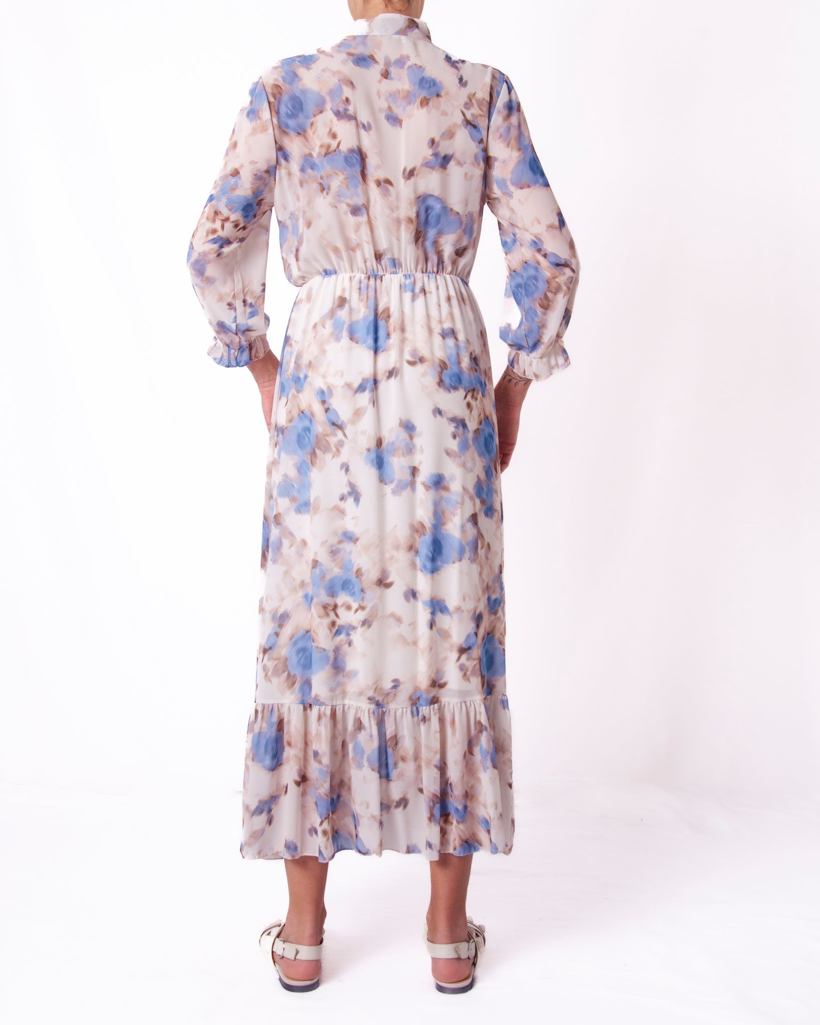 Abito lungo chiffon stampa floreale sfumata volant Donna  -  11111-128BO