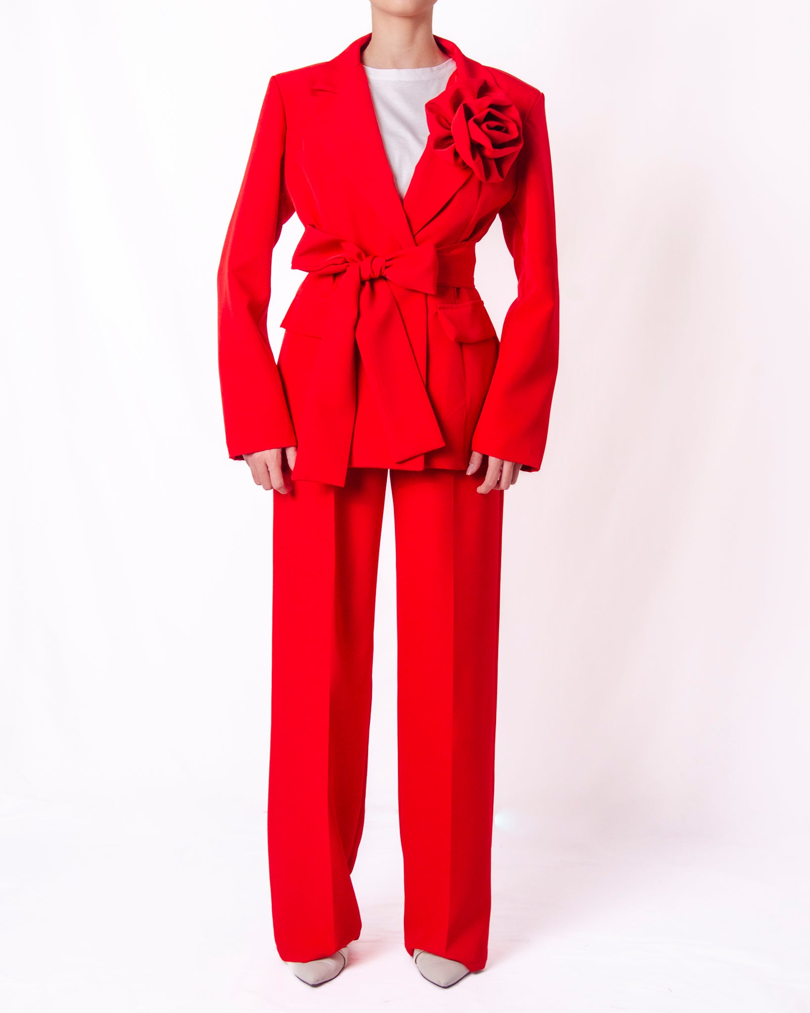 Completo blazer e pantalone wide leg con rosa applicata Donna  -  25119BO