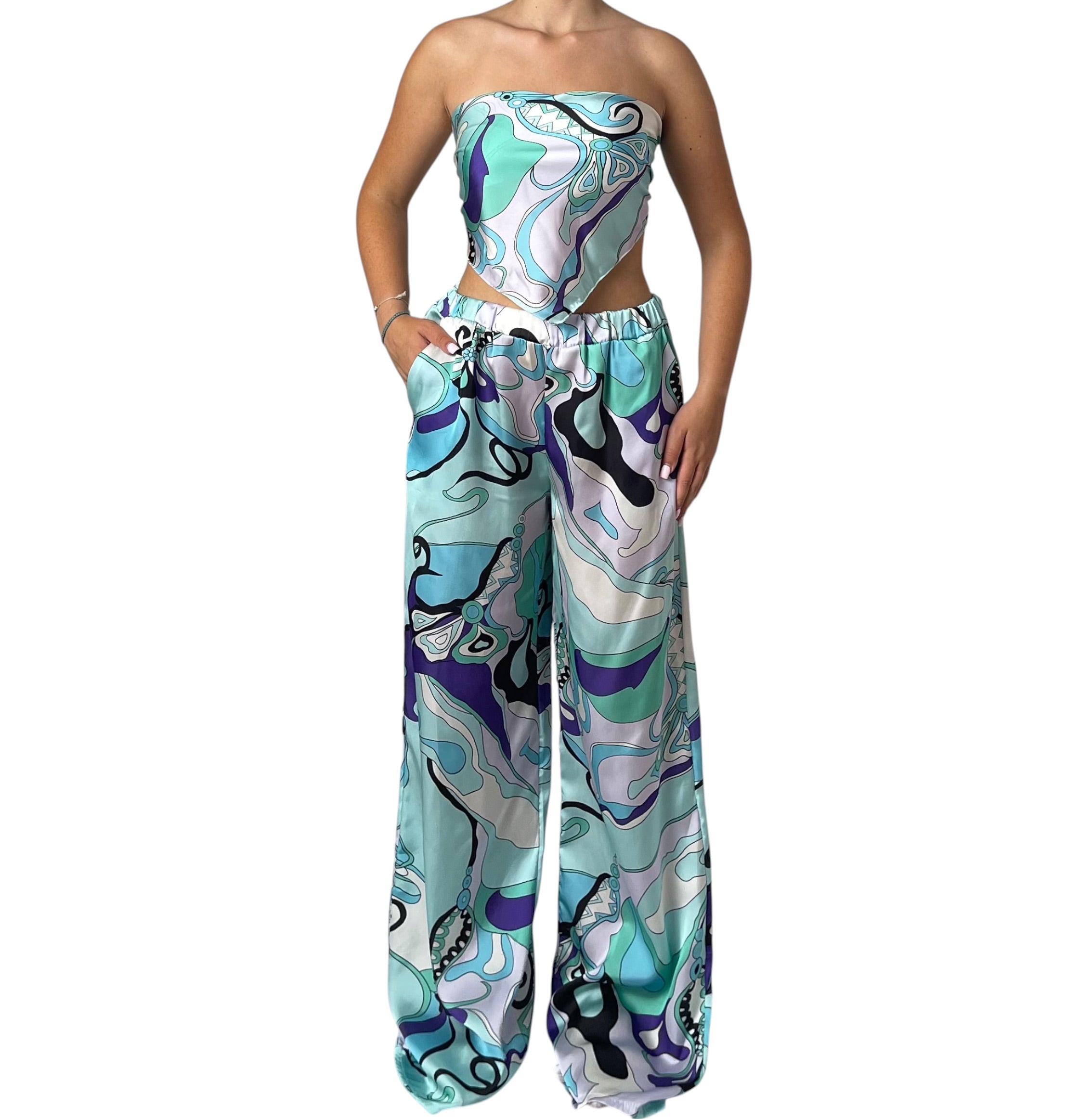 Completo con Top Fasciato e Pantalone Ampio Stampato Donna  -  12190BO