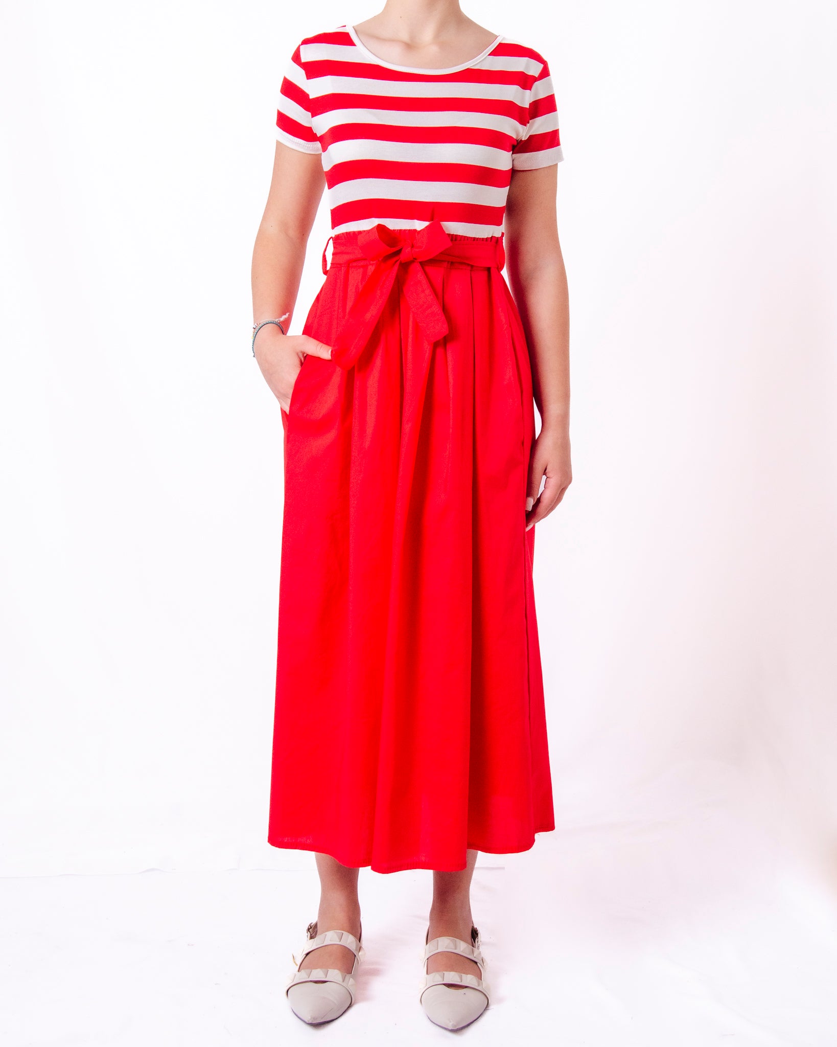 Abito midi a righe con gonna svasata e fiocco in vita Donna  -  8921X