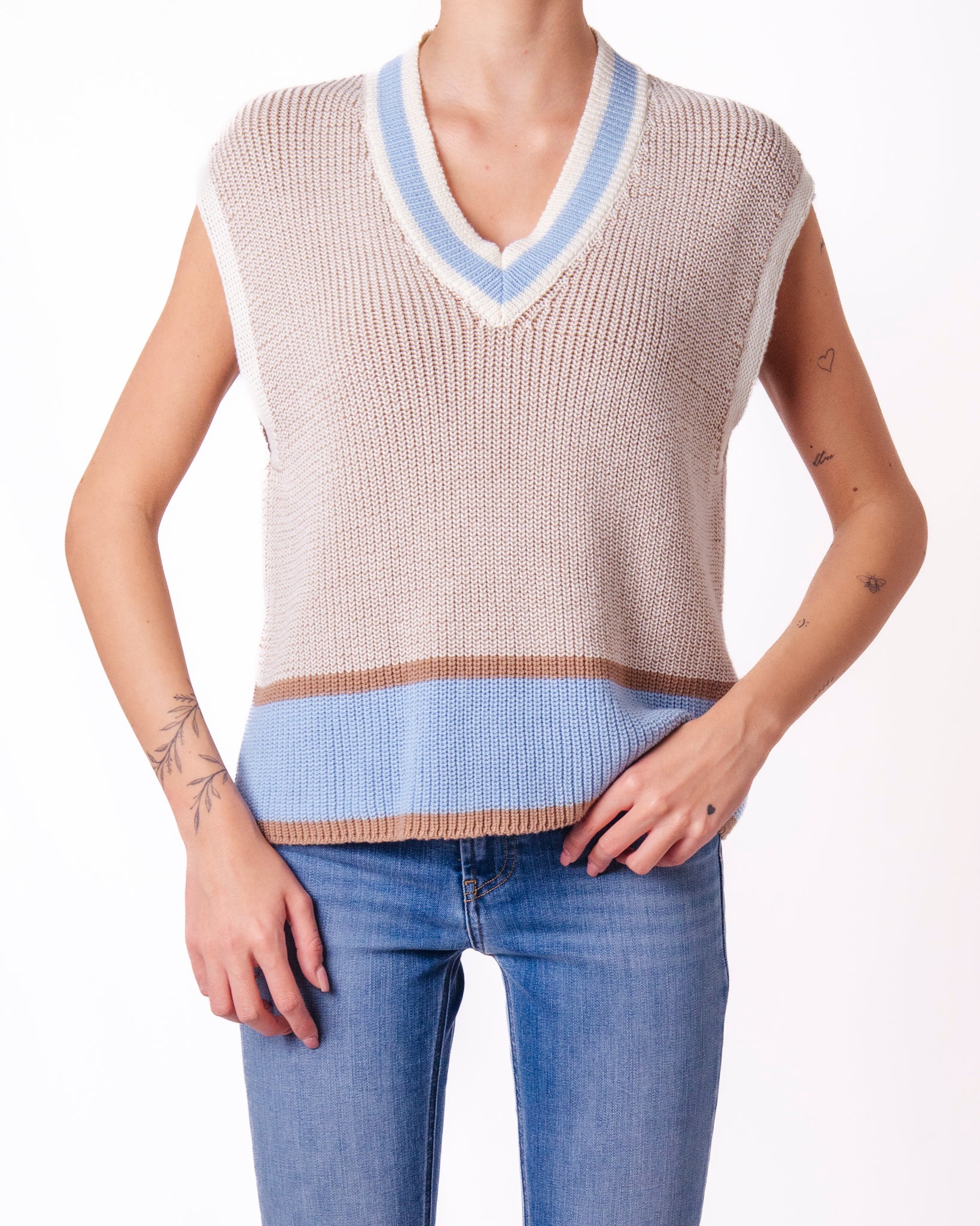 Gilet in Maglia a Coste Scollo V con Profili a Righe Donna  -  82612KA