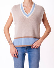 Gilet in Maglia a Coste Scollo V con Profili a Righe Donna  -  82612KA