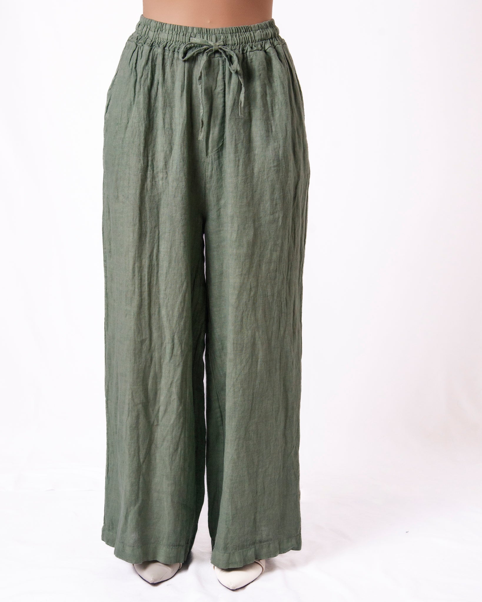Pantaloni wide leg in lino elastico in vita Donna  -  069UP