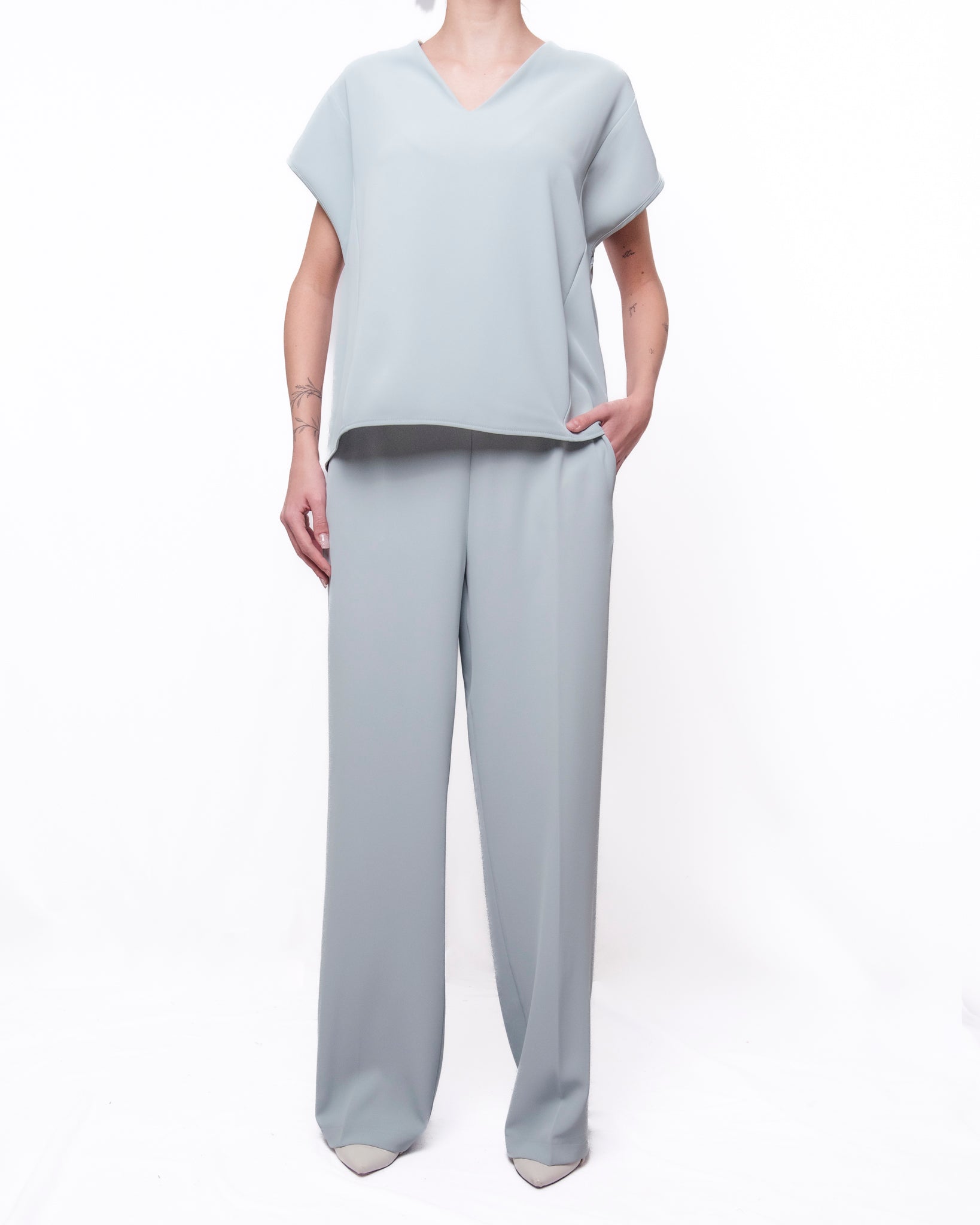 Completo Coordinato Top Manica Corta e Pantalone Wide Leg Donna  -  30621