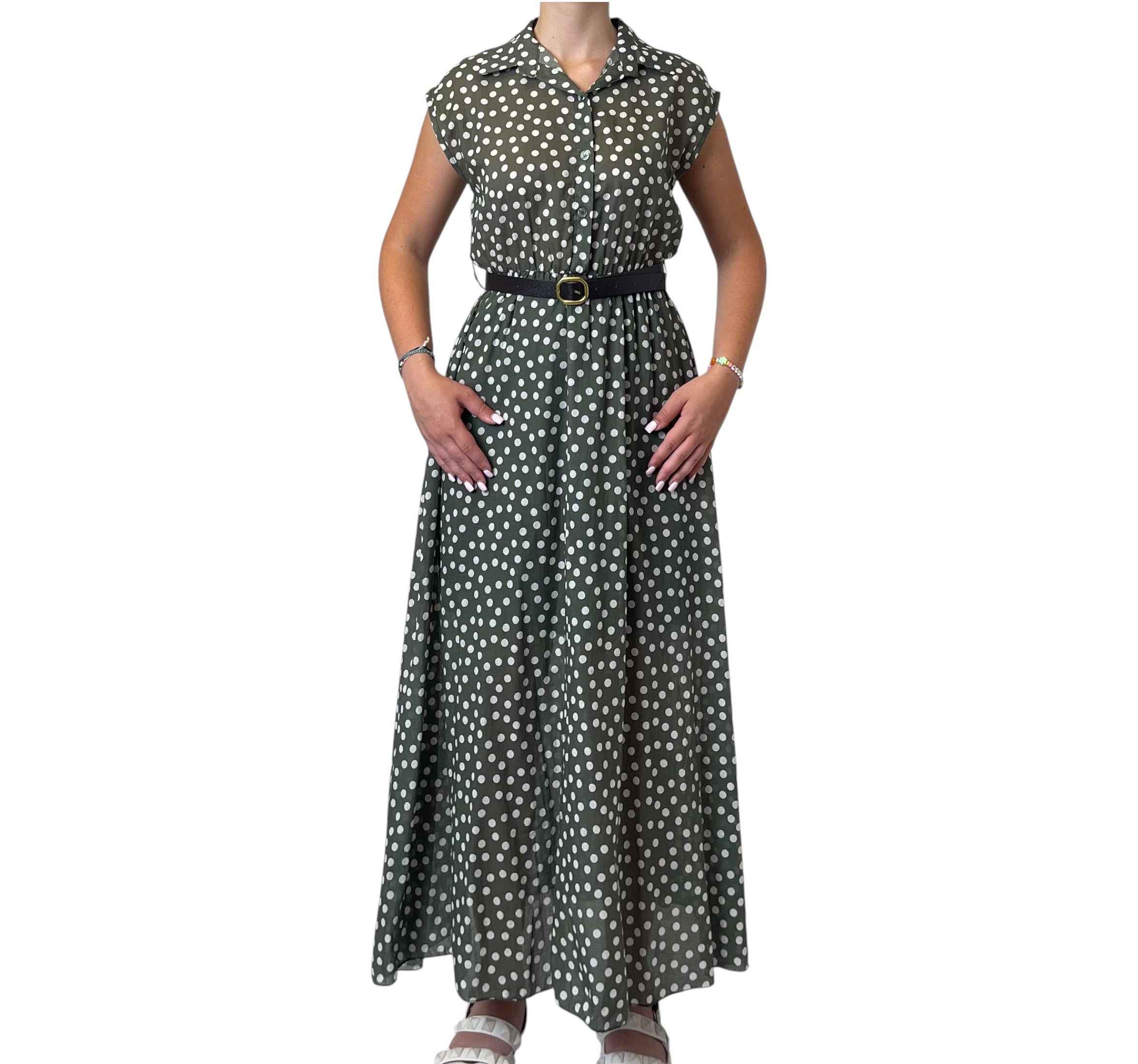 Abito Lungo a Pois con Colletto e Scollo a V Donna  -  15530EC