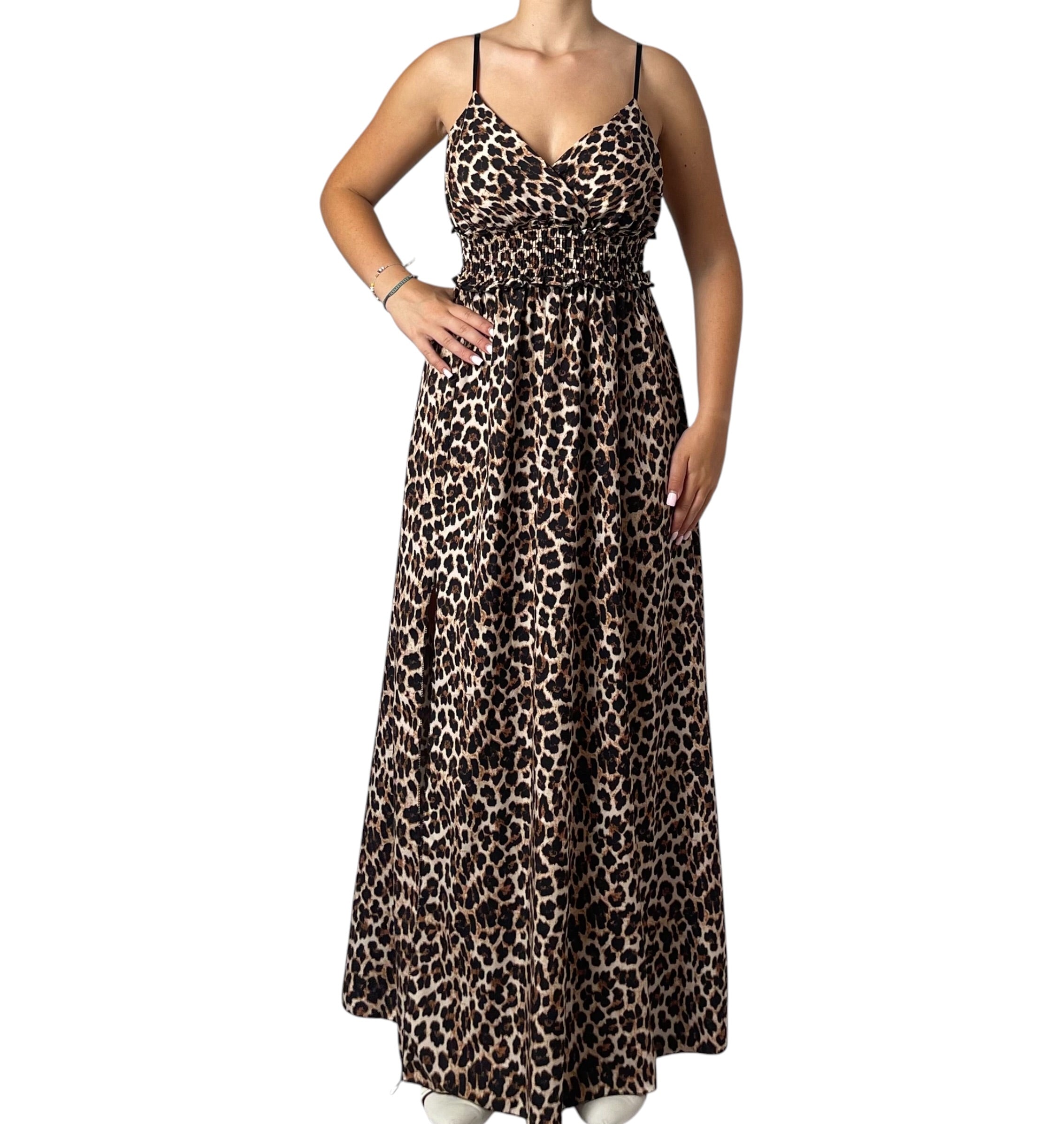 Abito Lungo con Spalline Sottili e Stampa Animalier Donna  -  01833EL
