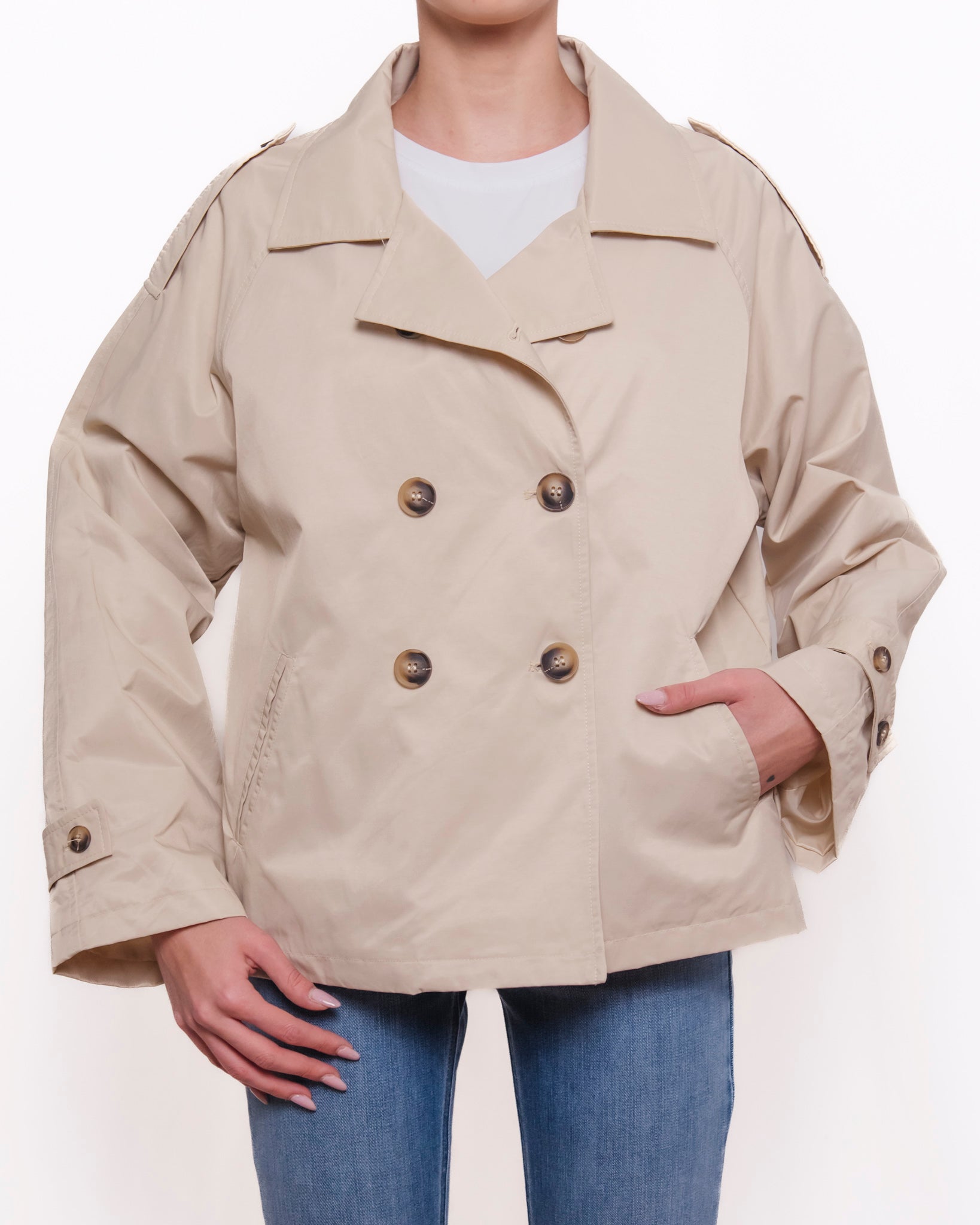Trench corto doppiopetto con revers e spalline Donna  -  168832KA